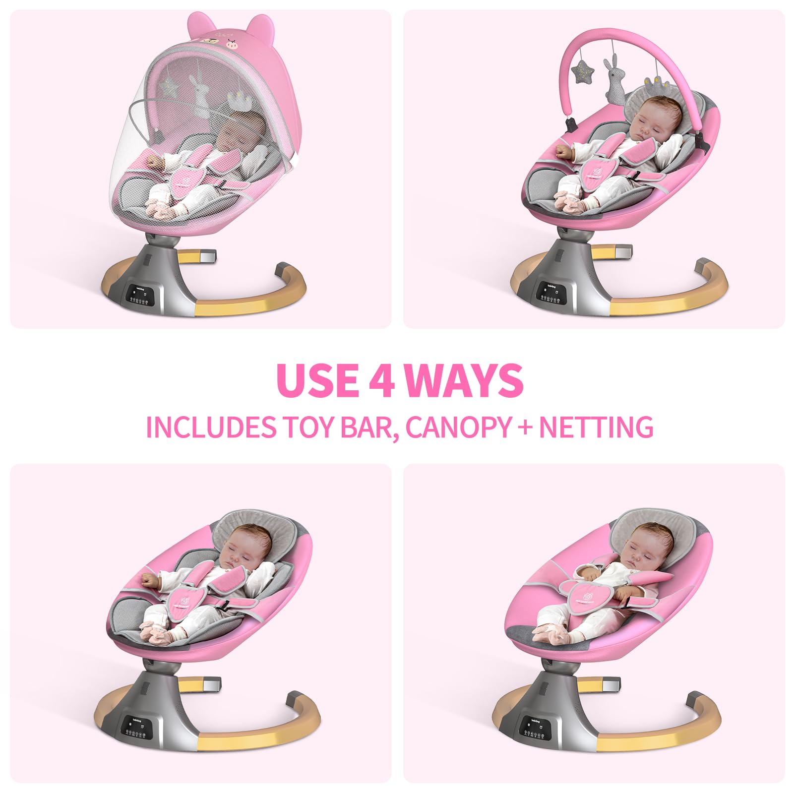 Electric Baby Swing for Infants & Newborns | Portable Rocker Bouncer with 12 Lullabies, 5 Speed Settings | Includes Fitness Rack & Mosquito Net | Perfect for Nursery, Daycare, and Travel Use