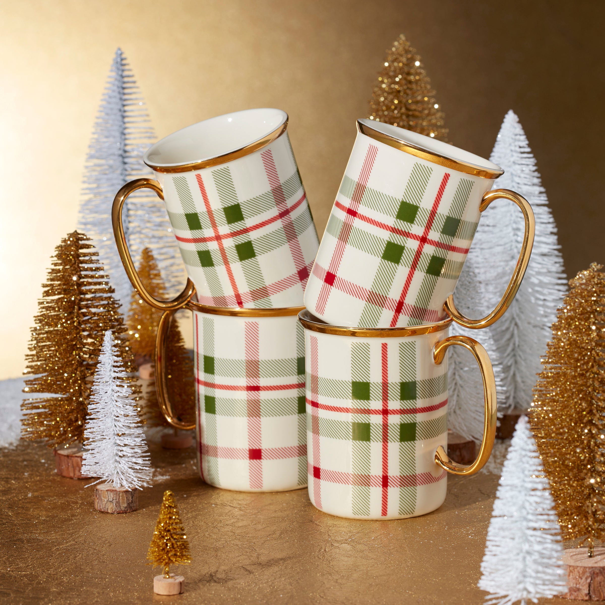 Festive Holiday Plaid Coffee Mugs Set of 4 - Christmas Themed Ceramic Cups for Hot Cocoa, Tea & Coffee - Perfect for Holiday Parties, Gift Giving & Cozy Winter Mornings