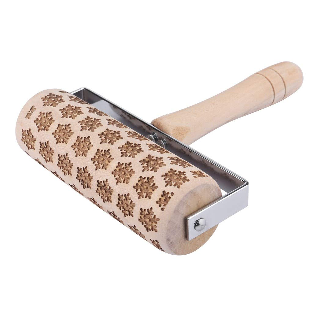 Amiley Engraved Wooden Rolling Pin for Baking - 15cm Snowflake Pattern Non-Stick Cookie Dough Embosser - Perfect for Christmas Cookies, Holiday Baking & DIY Pastry Decorations