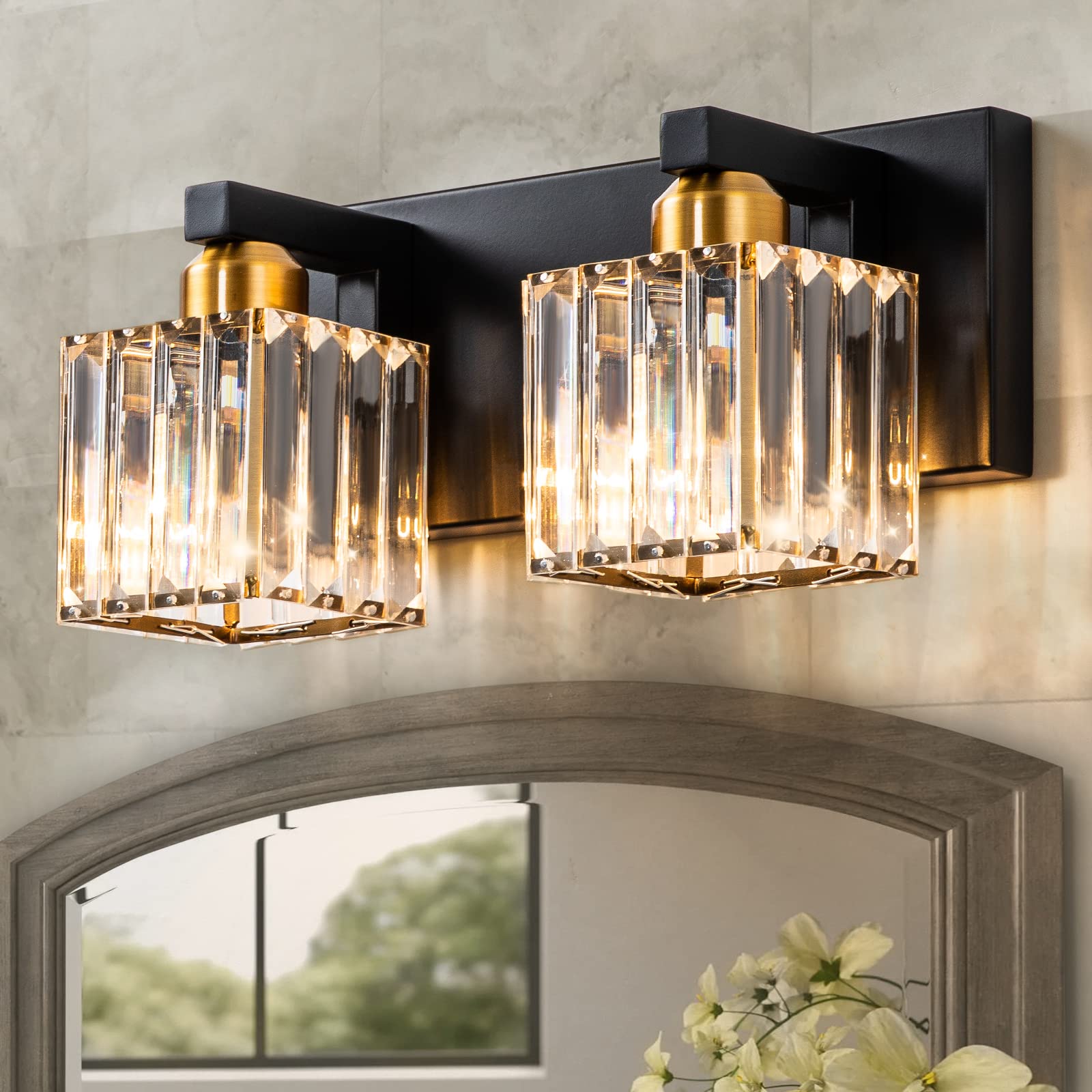 Modern Crystal Bathroom Vanity Light Fixture - 2 Light Wall Sconce for Mirror Lighting, Bathroom, Living Room & Bedroom - Elegant Home Decor for Spa-Like Ambiance