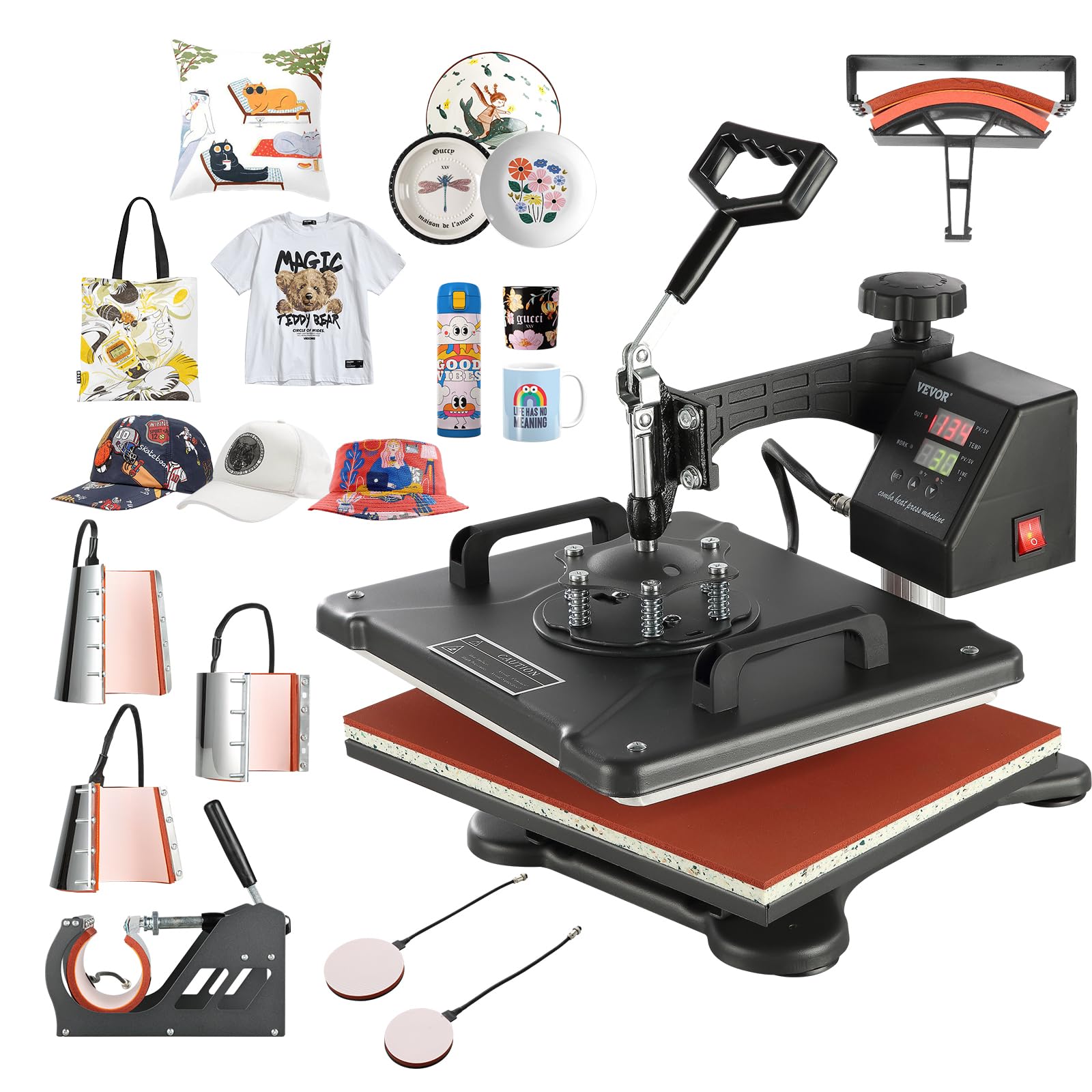 VEVOR 8-in-1 Heat Press Machine Combo with 360° Swing Away Design - Digital Sublimation Heat Transfer Machine for T-Shirts, Hats, Mugs (12x15
