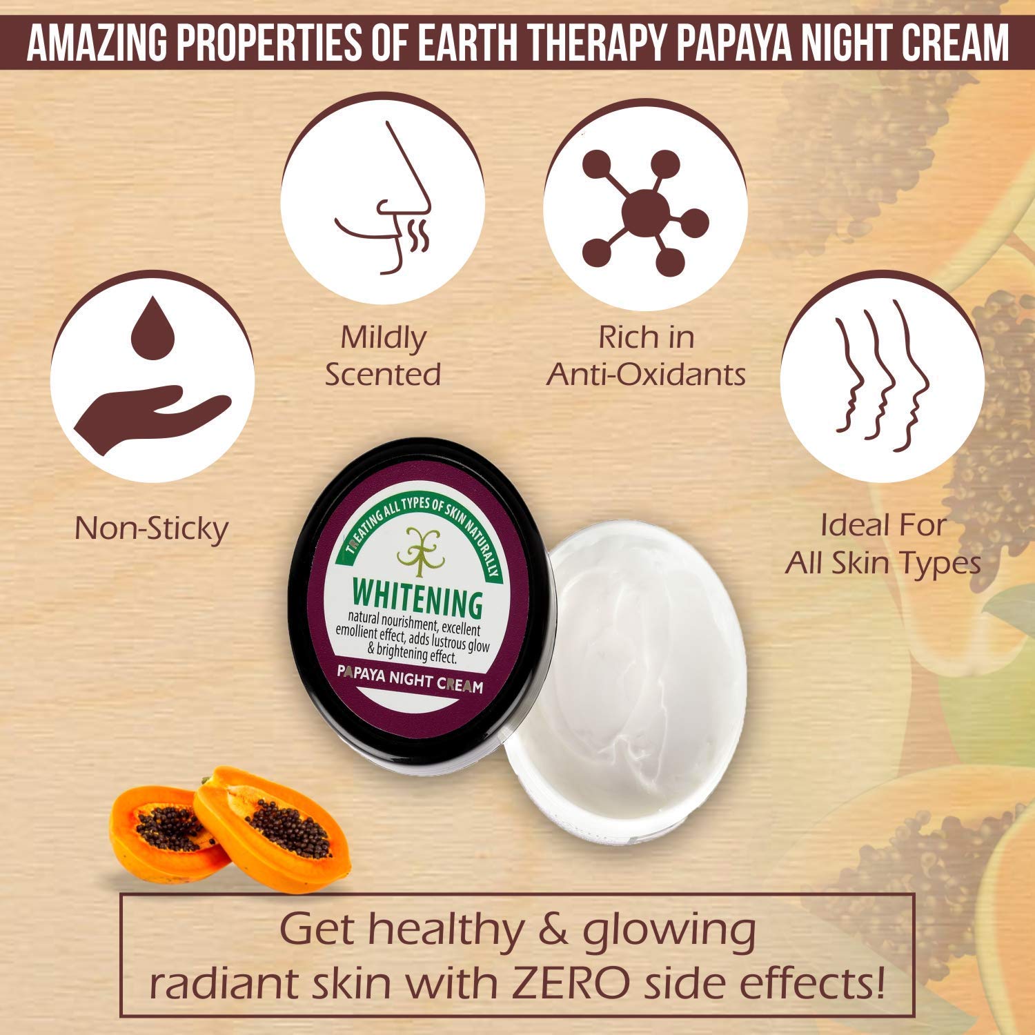 EARTH THERAPY Brightening & Whitening Papaya Night Cream with Argan & Olive Oil - Reduces Fine Lines, Wrinkles, Dark Spots & Pigmentation for Glowing Skin - 50g | Anti-Aging Night Moisturizer for Radiant Complexion | Perfect for Dry & Dull Skin Care Routine