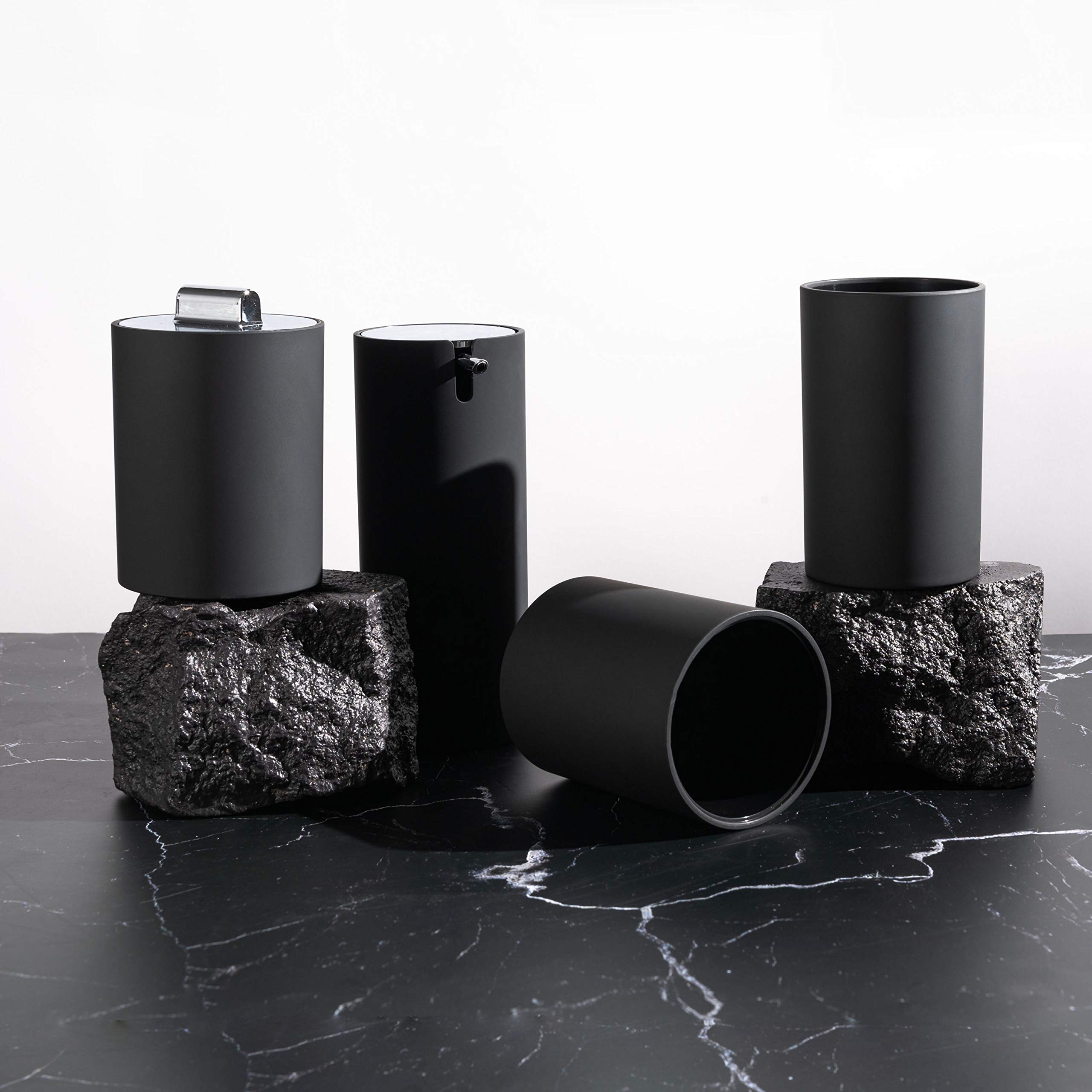 Modern Matte Black Bathroom Accessory Set - 4 Piece Complete Bathroom Organizer with Toothbrush Holder & Soap Dispenser | Waterproof Bathroom Decor for Home, Apartment, Hotel | Perfect Housewarming Gift