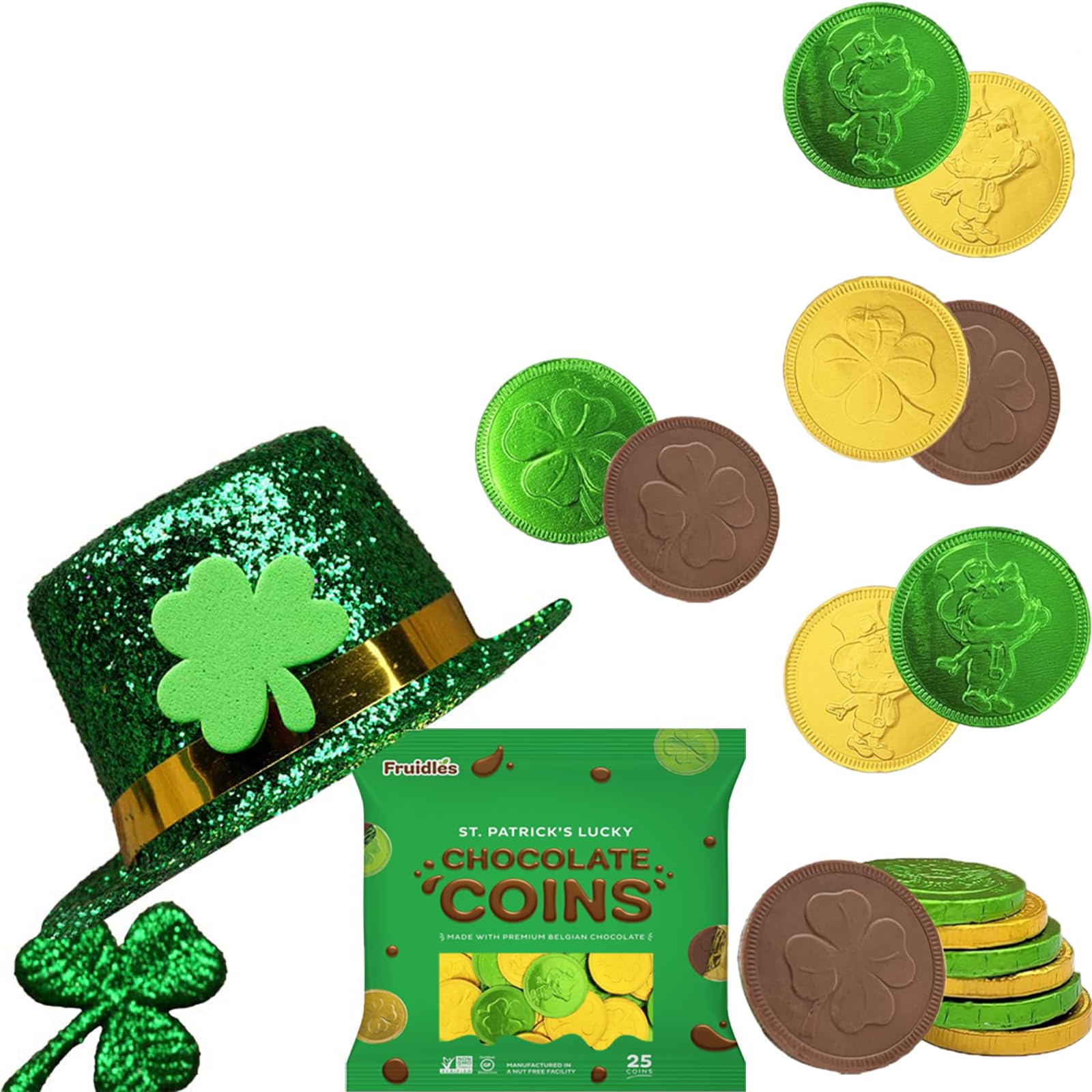 Premium Belgian Nut-Free Milk Chocolate Shamrock Leprechaun Coins - 25-Pack Green & Gold Saint Patrick's Day Treats in Resealable Kosher Bag | Party Favors, Gift Giving, Holiday Celebrations