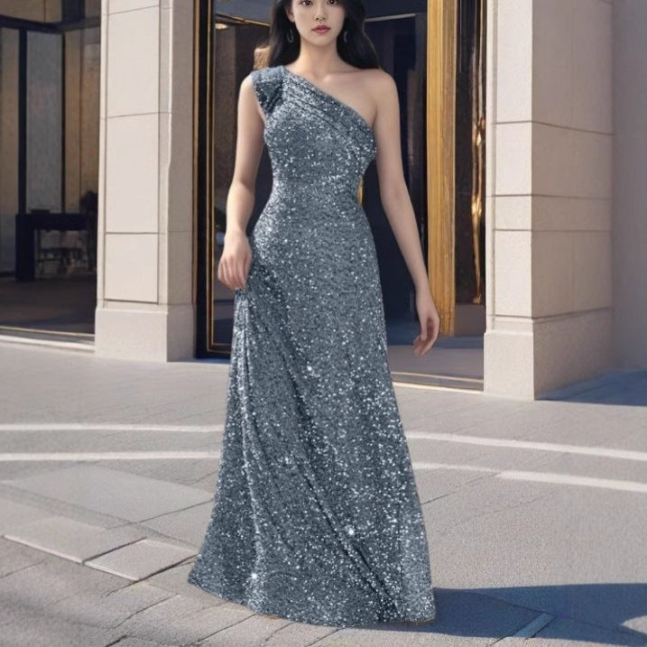 LOVEVOP 2025 Sequin Slanted Shoulder Backless Sleeveless Long Ball Gown Silver Evening Dress for Prom, Gala & Special Occasions