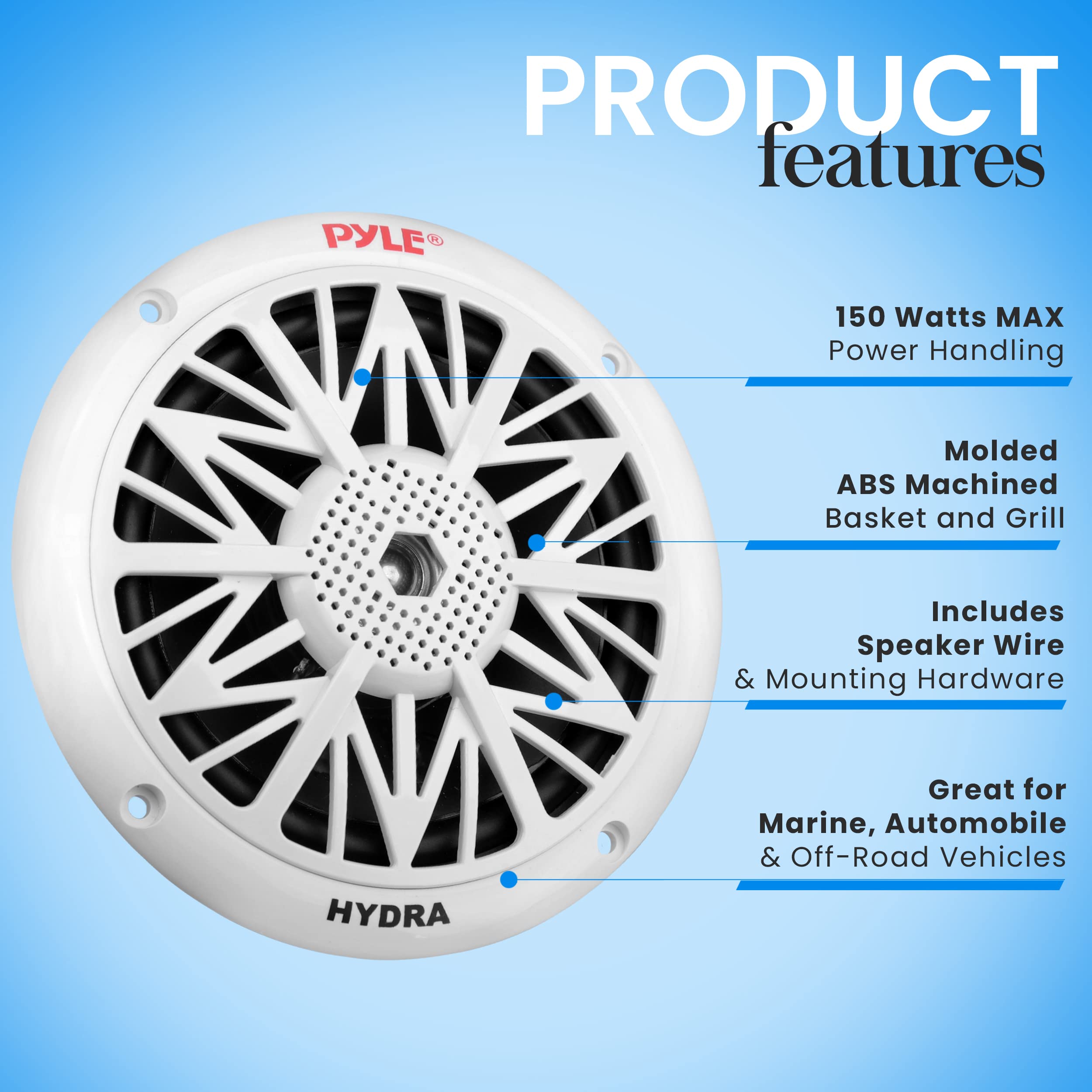 Pyle 5.25 Inch Dual Marine Speakers - 2 Way Waterproof Weatherproof Outdoor Stereo Sound System with 150W Power, Poly Carbon Cone, Cloth Surround, Low Profile Design - Perfect for Boats, Pools, and Patios