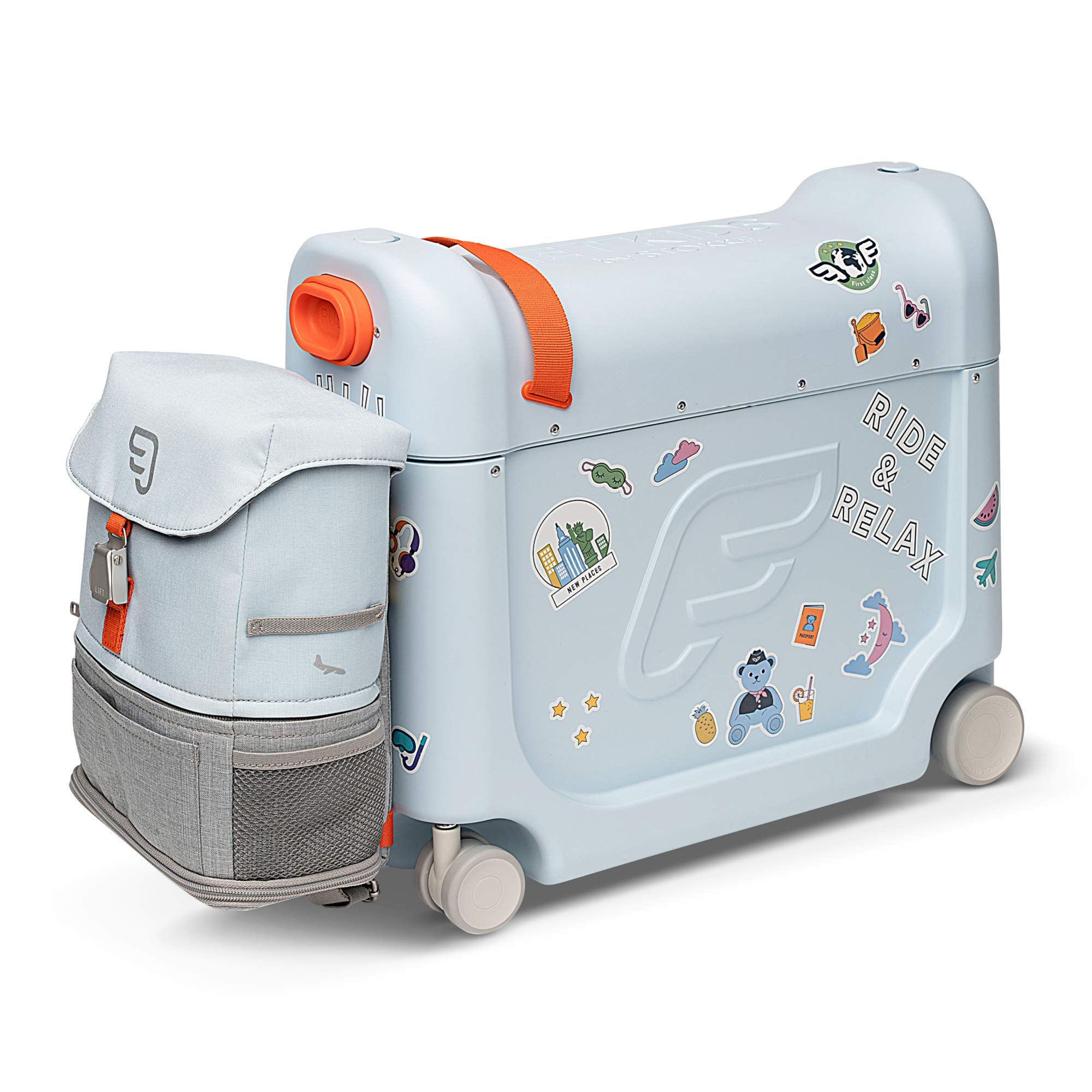 JetKids Stokke Travel Bundle for Toddlers 2-7 Years (77 lbs) - Blue Ride-On Suitcase with BedBox & Backpack - Airplane Essentials for Kids Travel, Road Trips & Family Vacations