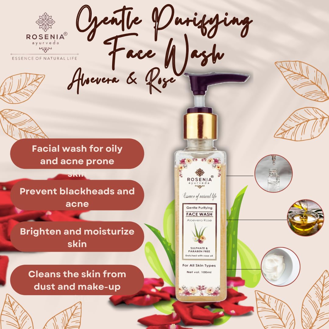 Rosenia Ayurveda Gentle Purifying Face Wash with Orange, Aloe Vera, Lemon & Rosewater - 100ml | Natural Cleanser for Daily Skincare & Acne-Prone Skin