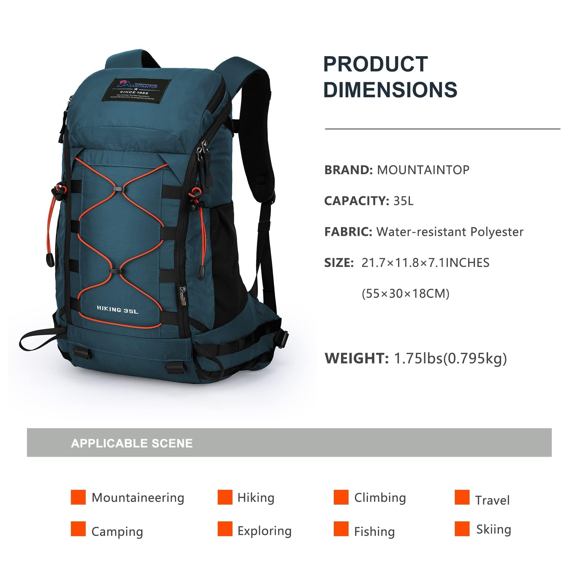 MOUNTAINTOP 35L Lightweight Hiking Backpack for Men & Women - Waterproof Travel Backpack for Outdoor Camping, Trekking, Day Trips and Adventure Travel