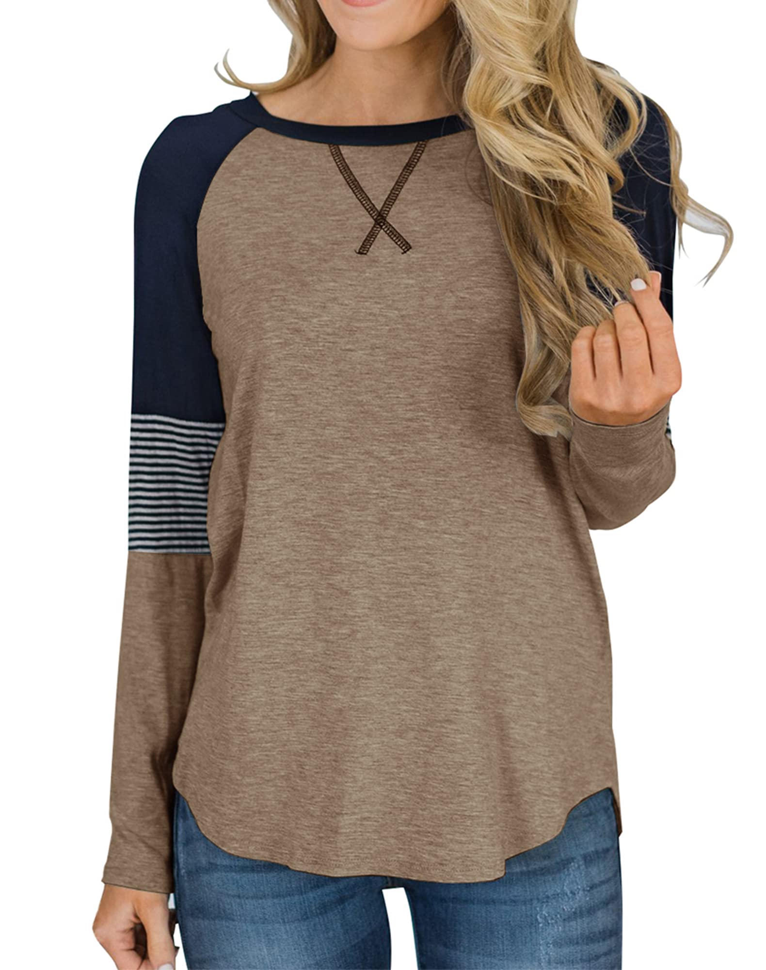 Women's Color Block Round Neck Tunic Top - Casual Long Sleeve Blouse for Work, Office & Everyday Wear | Comfortable Stretchy Fabric for Fall & Winter Outfits