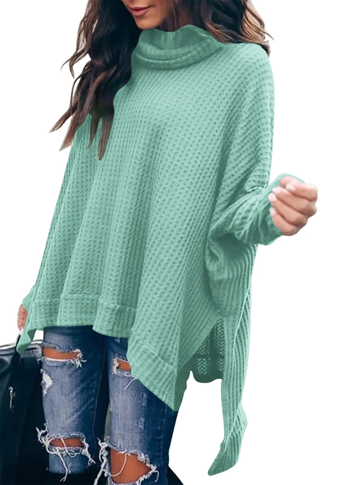 ANRABESS Women's Oversized Turtleneck Sweater - Batwing Sleeve, High-Low Hem & Side Slit Waffle Knit Tunic Top | Casual Loose Fit Pullover for Fall & Winter | Perfect for Office, Date Night and Weekend Outings
