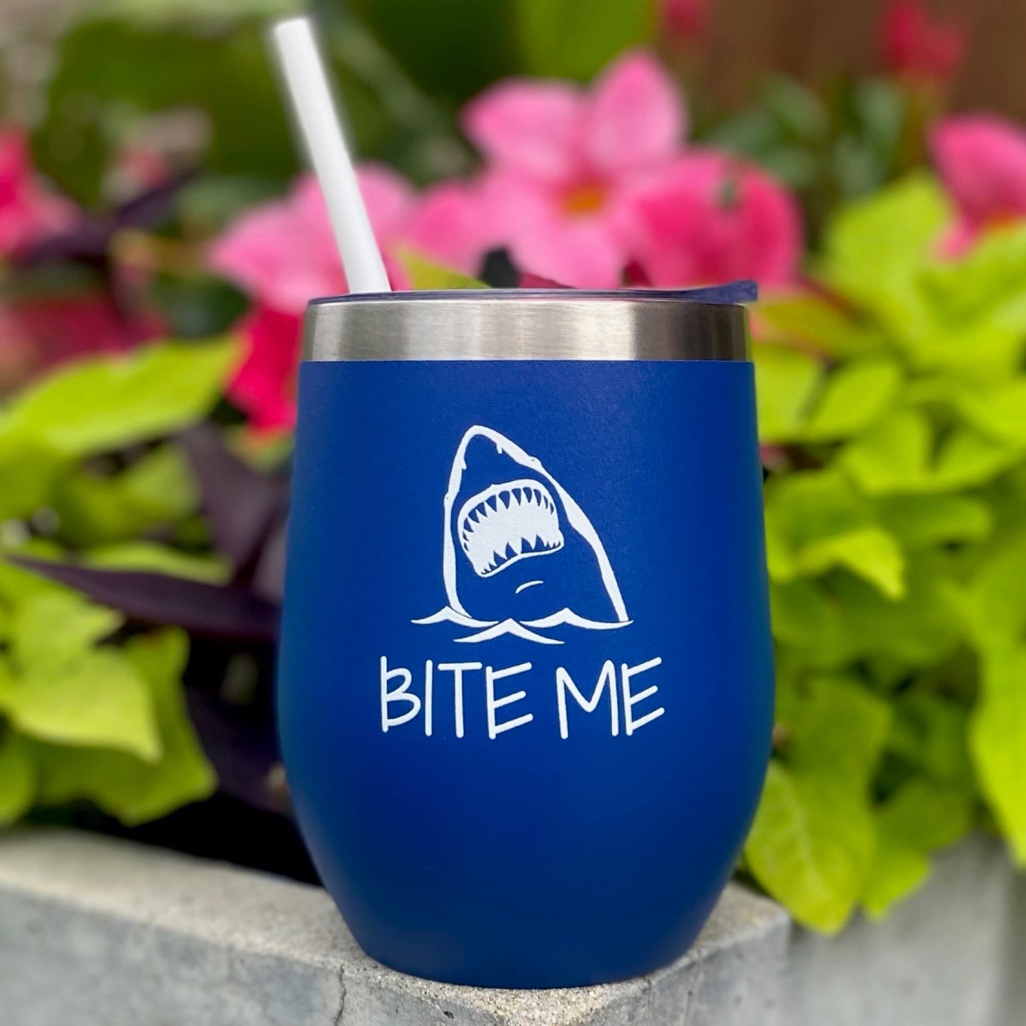Shark Bite Me Tumbler - Funny Shark Gift for Shark Week, Shark Lover, Men & Women - Blue 12oz Wine Tumbler for Beach Parties, Outdoor Adventures & Shark Enthusiasts