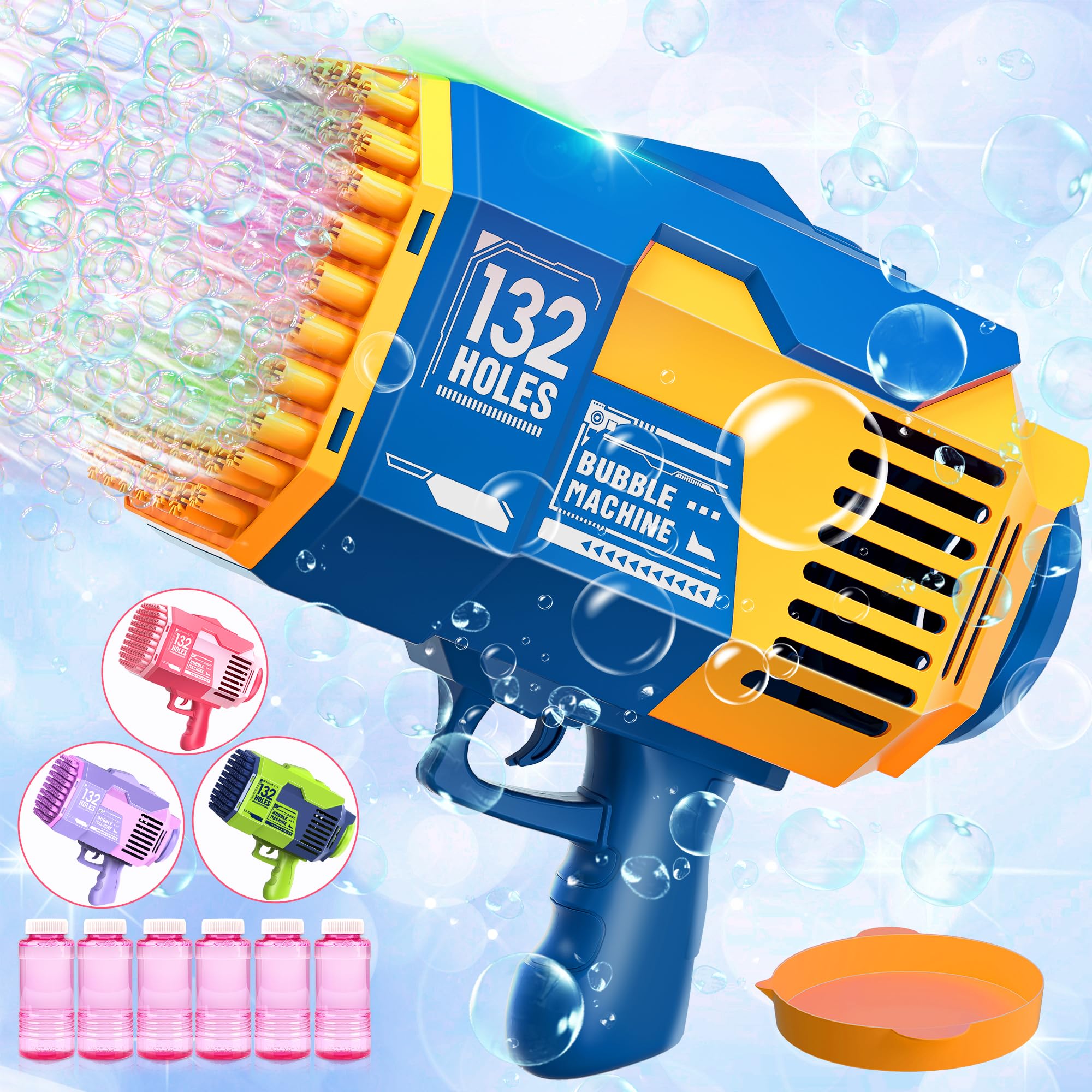 Bubble Machine Gun with LED Lights - 132 Holes 10000+ Bubbles Per Minute, Automatic Bubble Blower for Kids Adults - Indoor/Outdoor Party Toy for Birthday Wedding Garden Playtime (Blue)