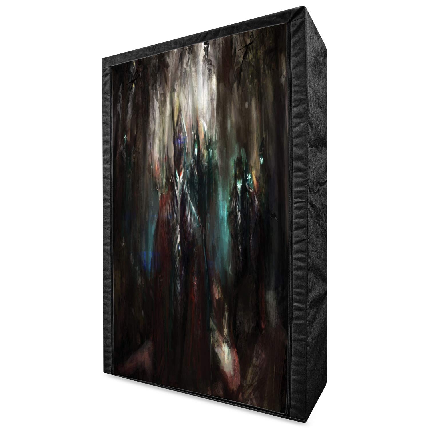 Ambesonne Fantasy World Portable Fabric Wardrobe - Cybernetics Forest Futuristic Artificial Evil Fighters Themed Closet Organizer with Shelves, 42.5 Inch, Blue & Red - Perfect for Bedroom, Dorm, Apartment & Small Space Storage Solutions