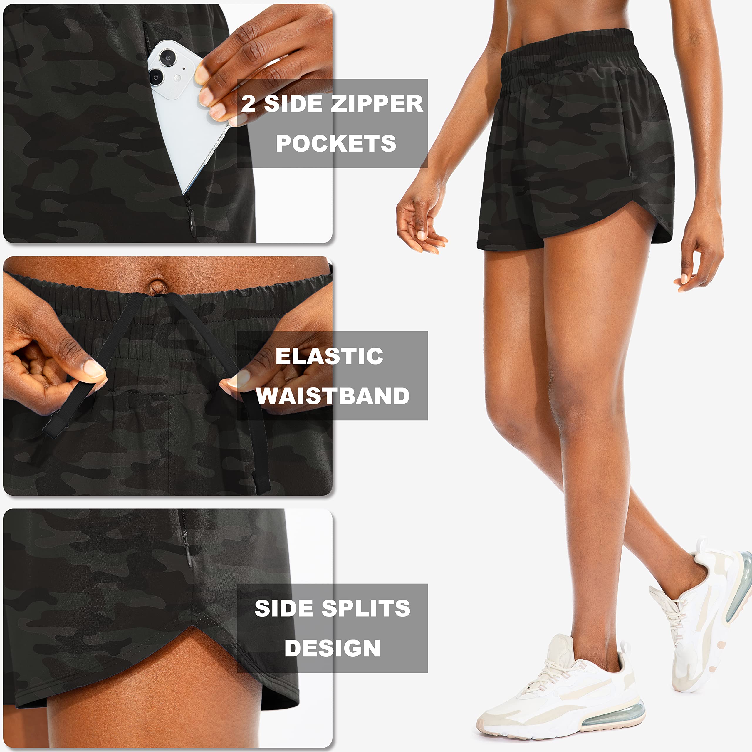 SANTINY High Waisted Running Shorts for Women with Zip Pockets - Breathable Athletic Workout Gym Shorts with Liner - Perfect for Jogging, Yoga & Fitness Training
