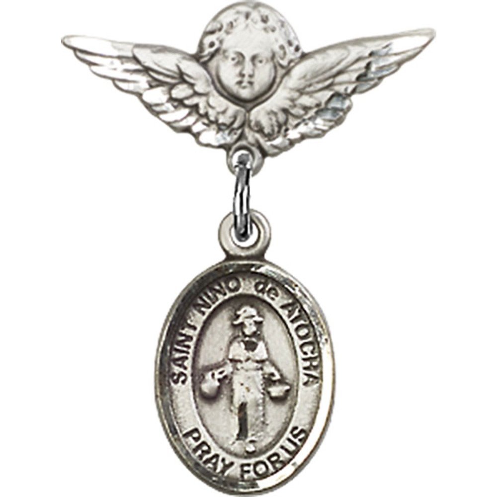 St. Nino de Atocha Sterling Silver Baby Badge with Angel Wing Charm - 7/8 X 3/4 Inch Religious Jewelry Pin for Baptism, First Communion & Baby Blessing Gifts