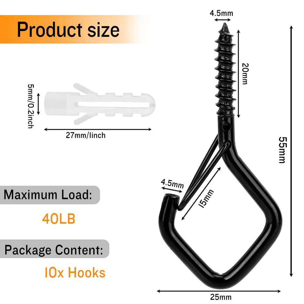 10 Pack Black Metal Ceiling Hooks (2.2 Inch) - Heavy Duty Plant Hangers, String Light Hooks, Cup Hooks for Indoor & Outdoor Use - Perfect for Hanging Plants, Decorations, and Outdoor Lighting