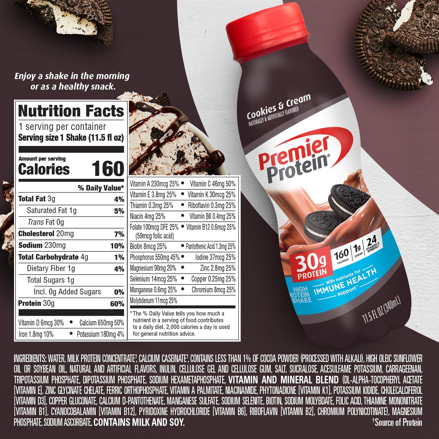 Premier Protein Shake - Cookies & Cream Flavor | 30g Protein, 1g Sugar | 24 Vitamins & Minerals for Immune Support | 11.5 fl oz (12 Pack) | Perfect for Post-Workout Recovery, Meal Replacement & On-the-Go Nutrition