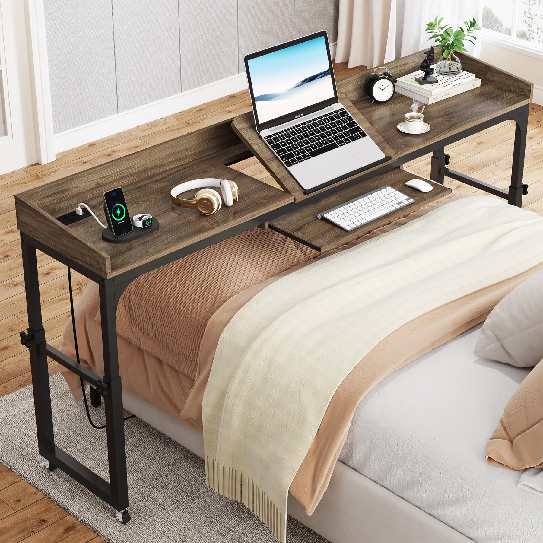 Tribesigns Adjustable Overbed Table with Wheels - Queen Size Mobile Laptop Desk with USB Ports & Outlets, Tilting Stand for Hospital, Bedroom or Office Use (Deep Grey)