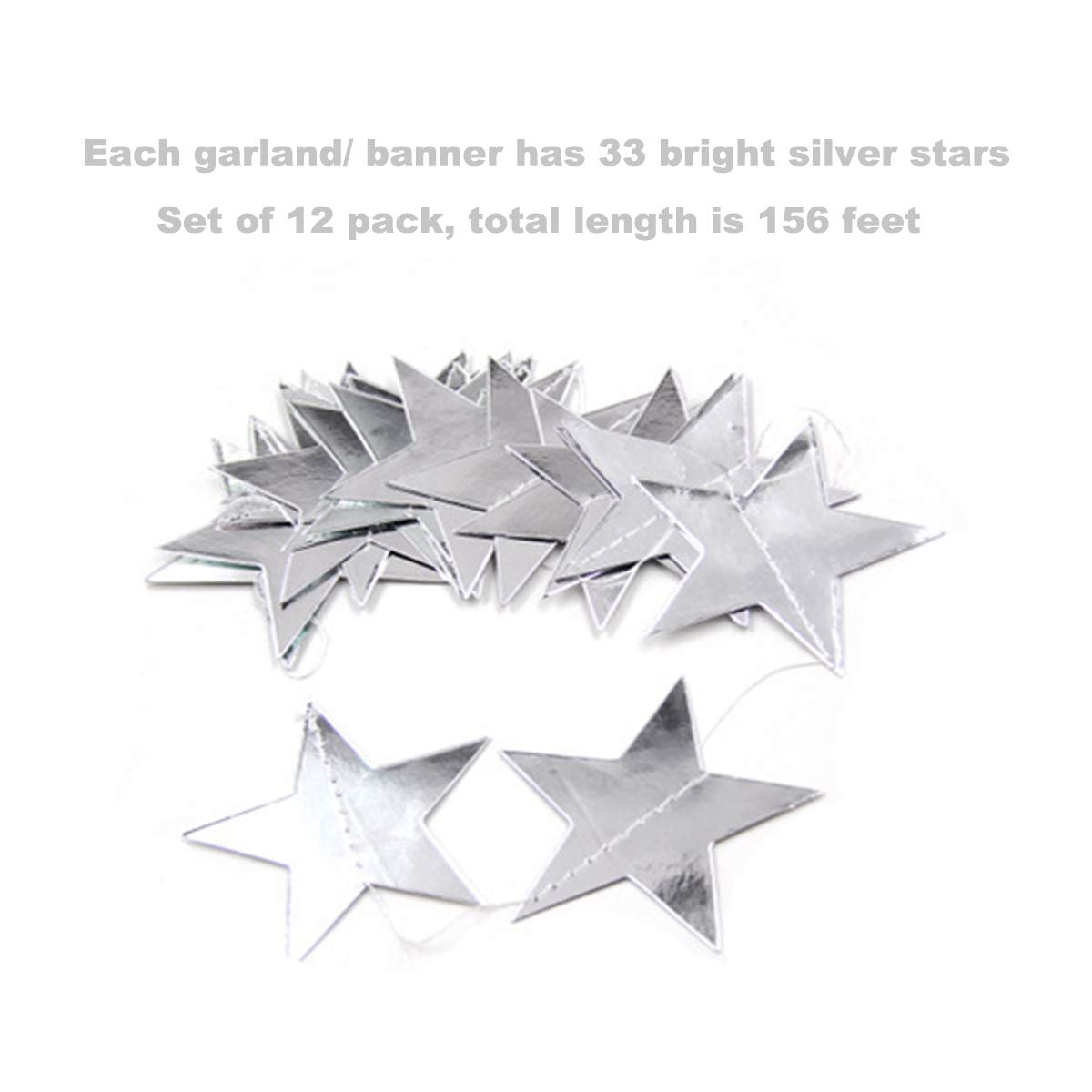 Silver Star Garland Banner Decorations - 156 Feet Sparkling Paper Hanging Decor, Glitter Star Bunting for Wedding, Birthday, Holiday & Christmas Party | Perfect for Ceiling, Wall, Backdrop & Event Decorations