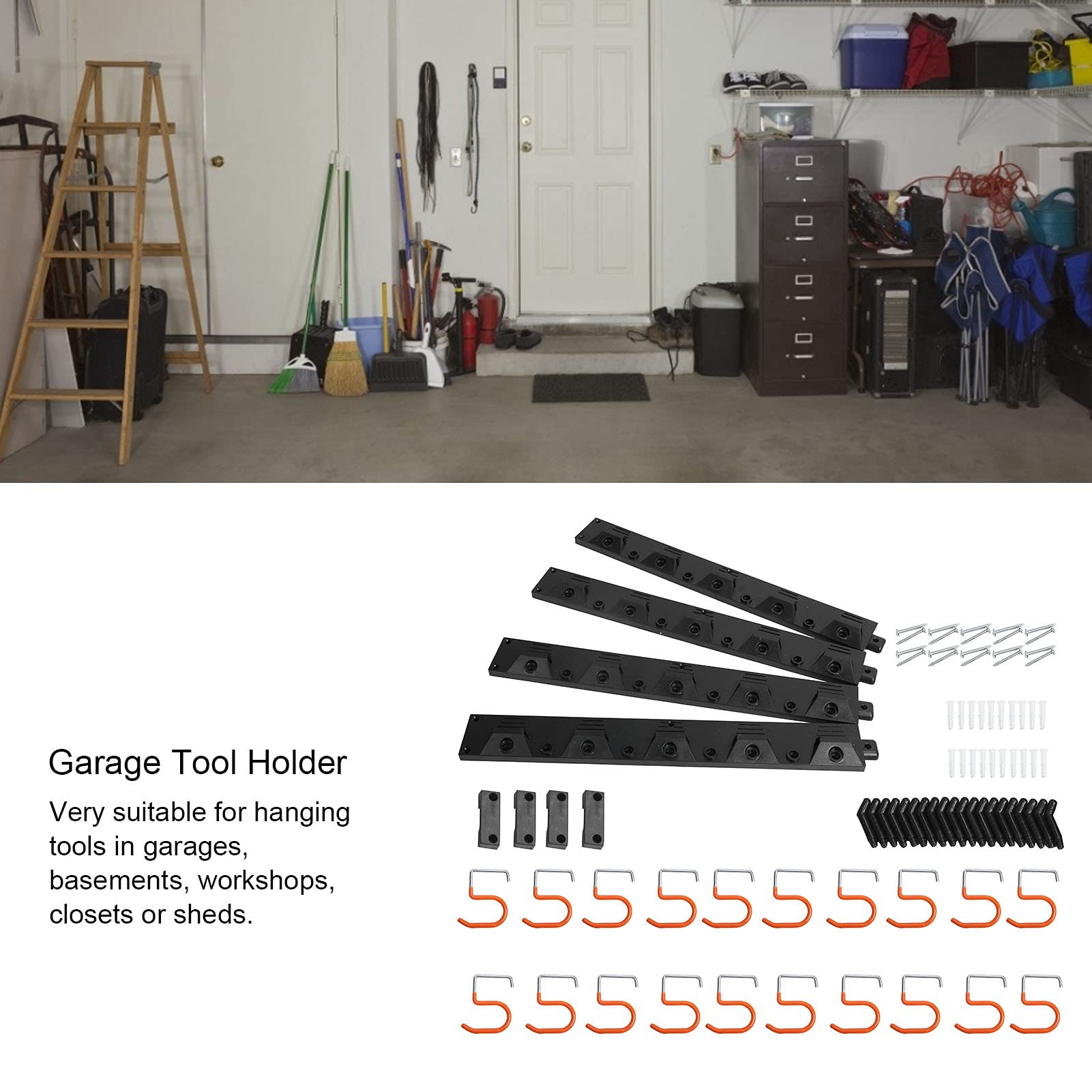 64in Heavy Duty Garage Storage System - Wall Mounted Garage Organizer with Hooks for Tools, Garden Equipment & Spray Bottles | Space Saving Home Organization Solution for Garage, Shed & Workshop