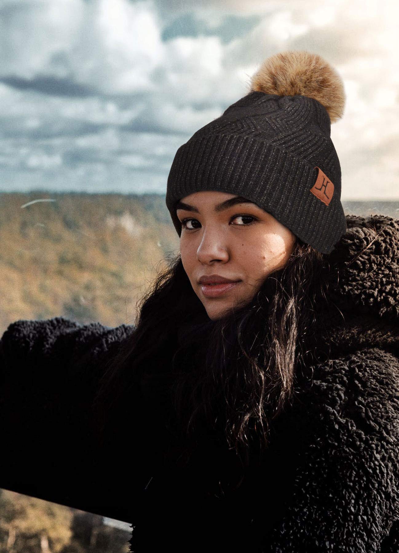 Maylisacc Women's Thermal Winter Beanie & Mittens Set - Double Layer Fleece Lining, Knitted Pom Hat with Faux Fur - Perfect for Skiing, Snowboarding, Cycling & Outdoor Winter Activities