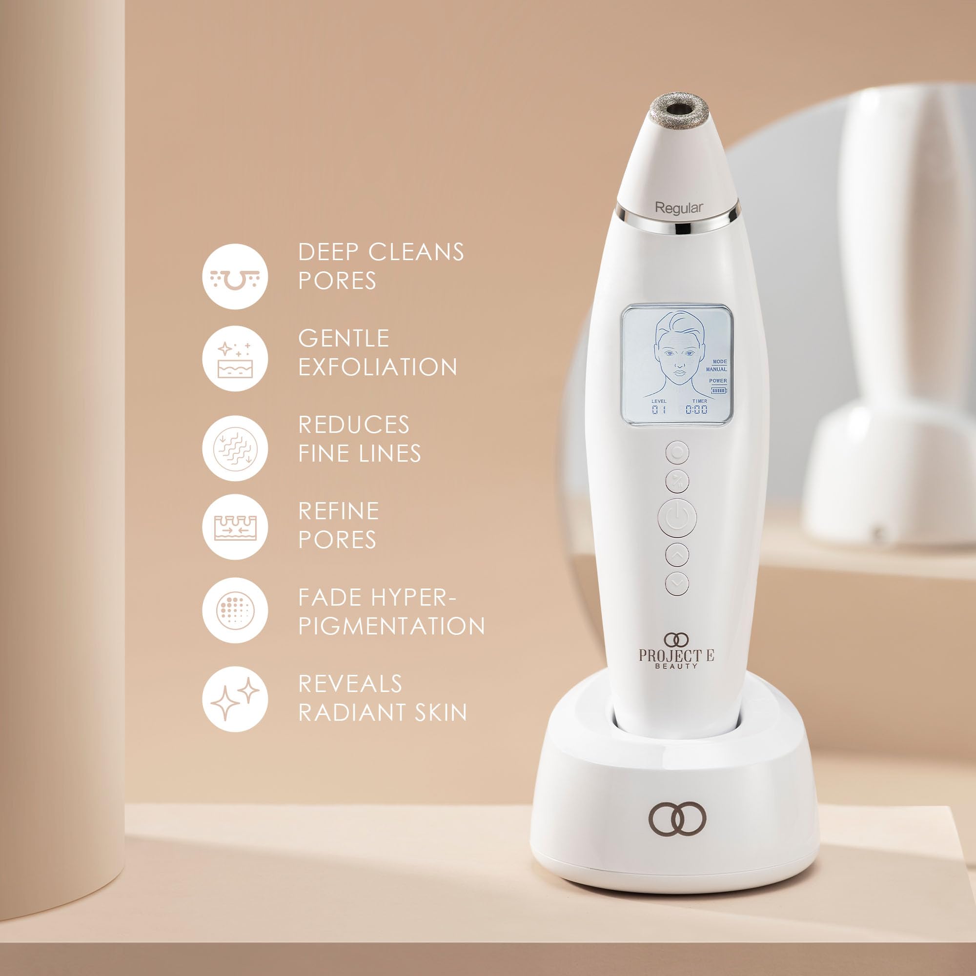 Project E Beauty Facial Microdermabrasion Wand - Gentle Exfoliating Device for Wrinkles, Fine Lines & Pores Reduction - 4 Interchangeable Heads with Vacuum Suction - Achieve Fresh, Radiant Skin - Perfect for At-Home Spa Treatments & Anti-Aging Skincare Routine