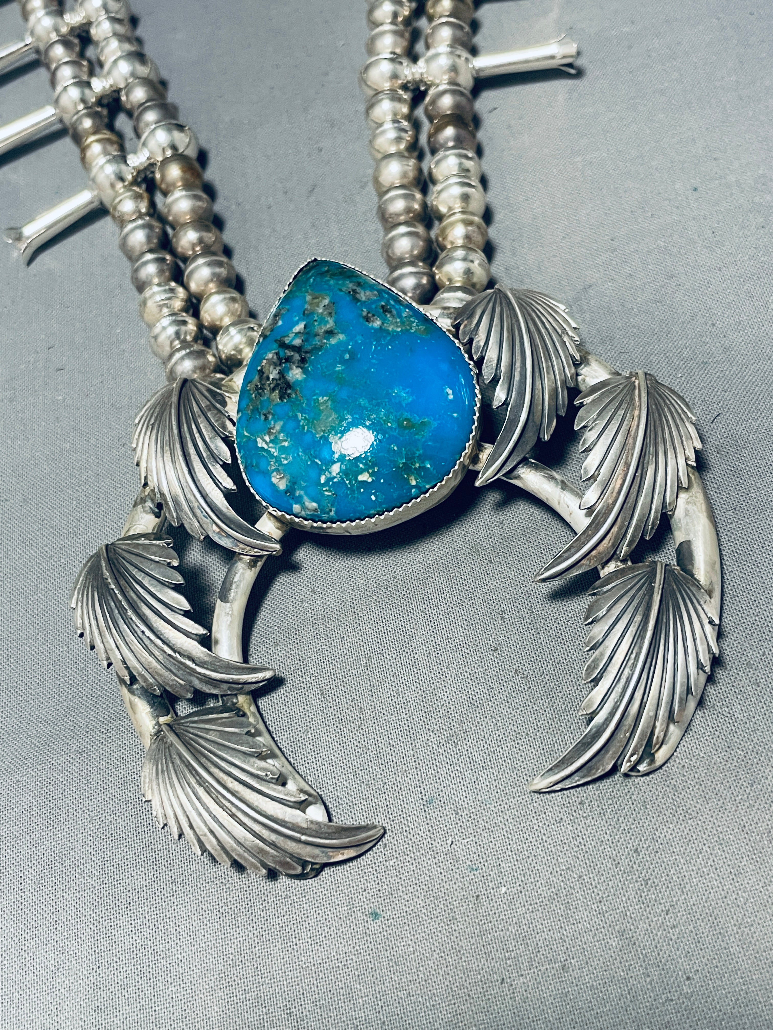 Authentic Navajo Sterling Silver Squash Blossom Necklace with Turquoise - 162g Heavy Handmade Jewelry for Women, Perfect for Boho Fashion & Special Occasions