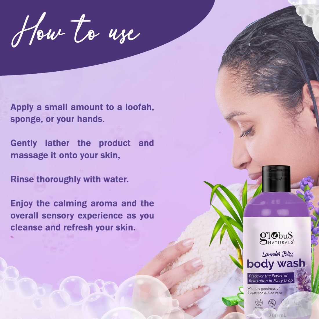 Globus Naturals Lavender Body Wash with Sugarcane & Aloe Vera - Ayurvedic, Paraben-Free, Gentle for All Skin Types - 200ml | Relaxing Bath & Aromatherapy for Stress Relief