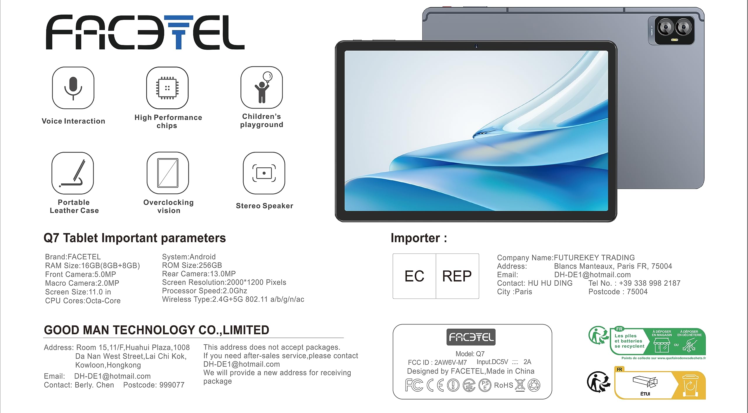 FACETEL 11 Inch Android 13 Tablet - 16GB RAM 256GB ROM (Expandable to 1TB) | 5G WiFi | Octa-Core Processor | 8600mAh Battery | 2000x1200 HD Display | 5MP+13MP Dual Camera - Includes Protective Case (Grey) - Perfect for Work, Study, Streaming & Gaming