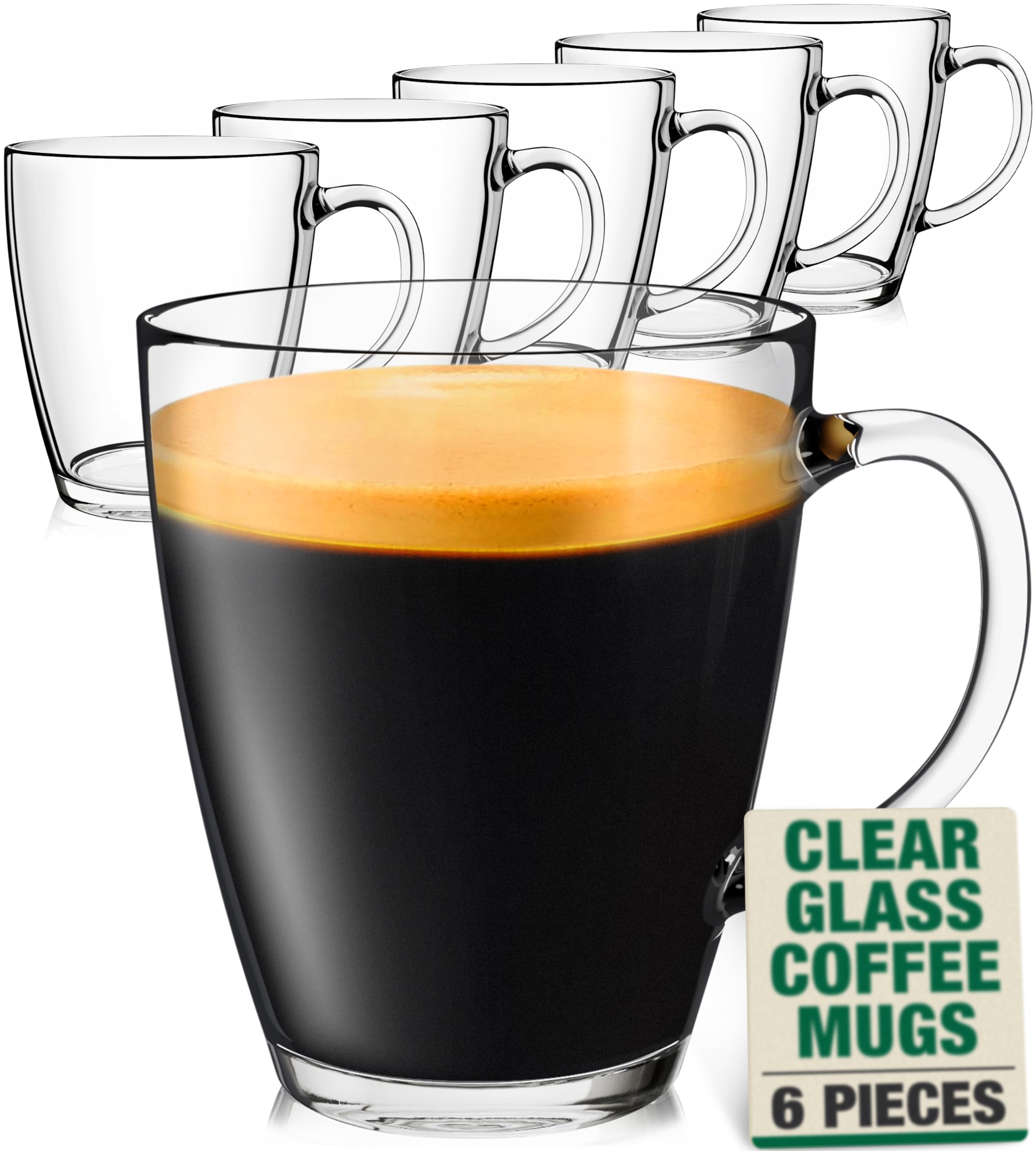 Clear Glass Coffee Mugs Set of 6 - Hot Beverage Cups for Home & Cafe Use