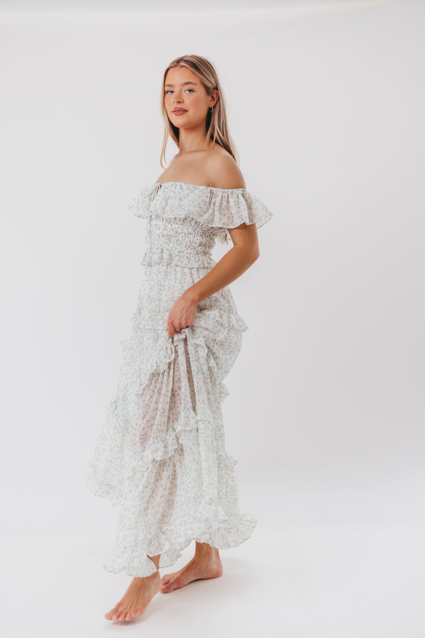 Astrid Ruffle Detail Maxi Dress in Sage Floral - Bump Friendly Maternity Dress for Pregnancy & Nursing | Perfect for Baby Showers, Weddings & Summer Vacations
