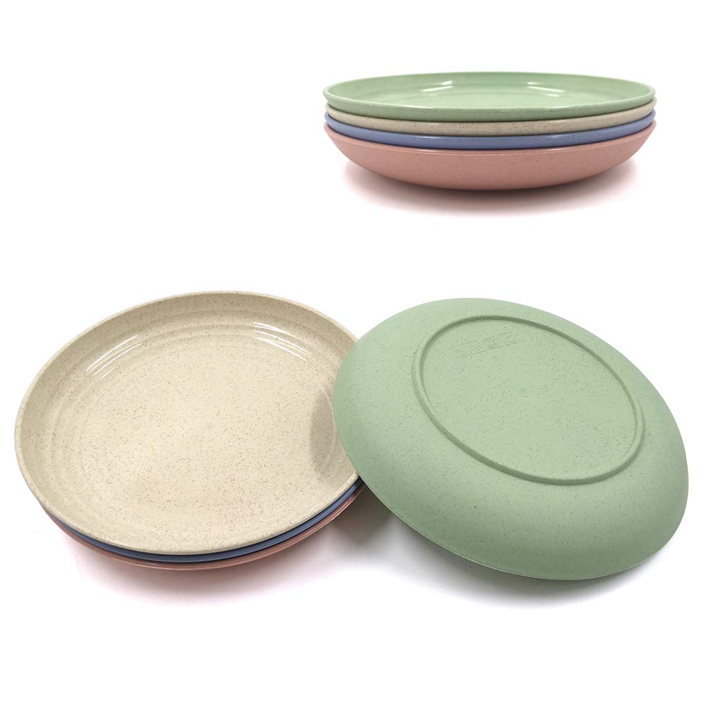 4-Pack 7-Inch Lightweight Wheat Straw Plates - Unbreakable, Dishwasher & Microwave Safe Dinner Plates for Toddlers & Kids - Anti-Slip, Eco-Friendly (4 Colors) - Perfect for Family Meals, Picnics & Outdoor Dining