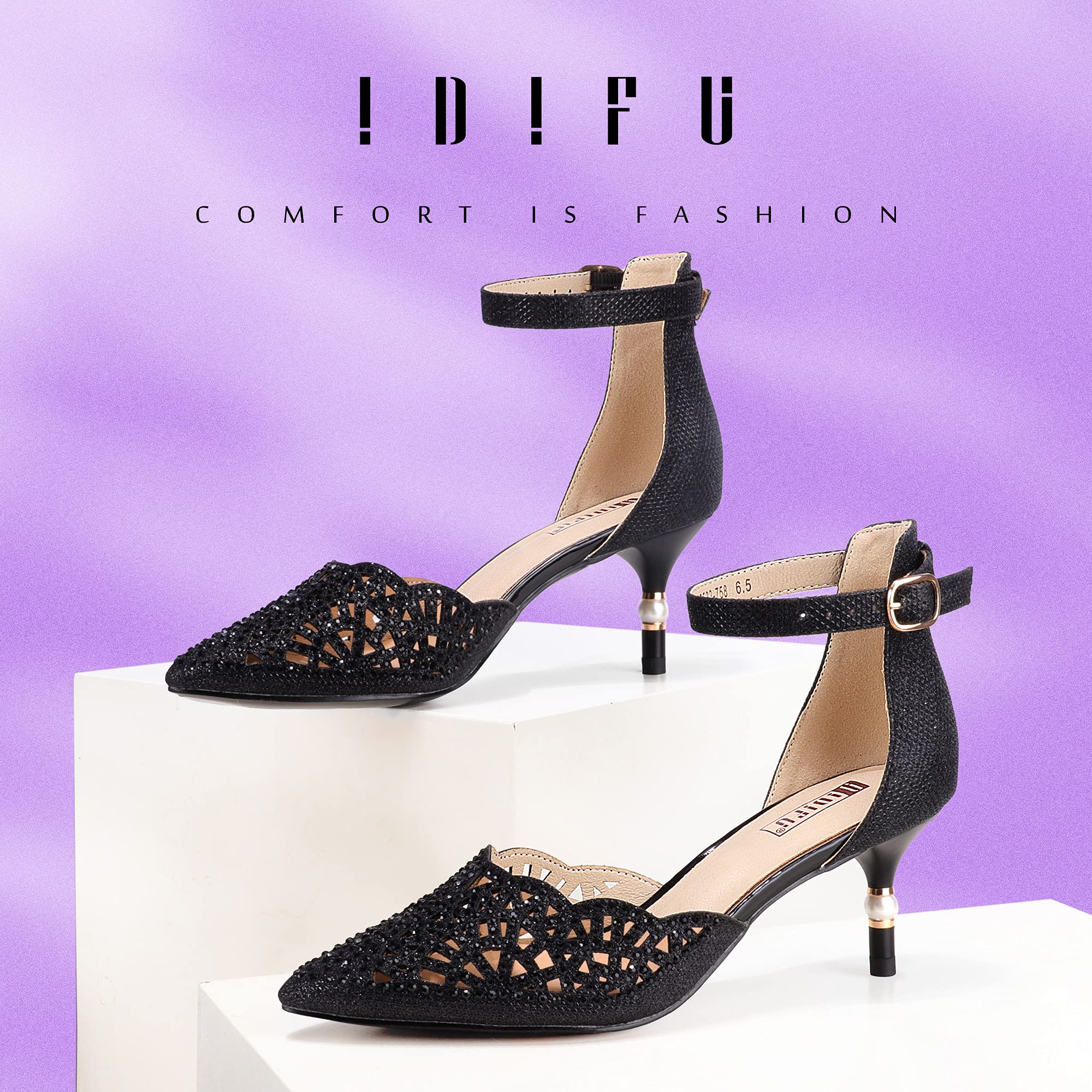IDIFU Women's Rhinestone Sequins Kitten Heel Wedding Shoes - Elegant Low Heel Bridal Pumps for Bride, Evening Party & Special Occasions