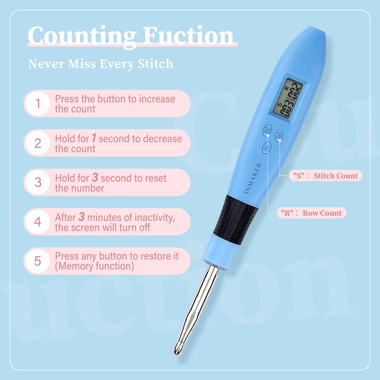 INMAKER Lighted Crochet Hooks Set - Ergonomic Soft Grip with Digital Counting & Storage Case - Glow in the Dark Crochet Needles for Night Knitting & Crafting (Non-Automatic Counting)