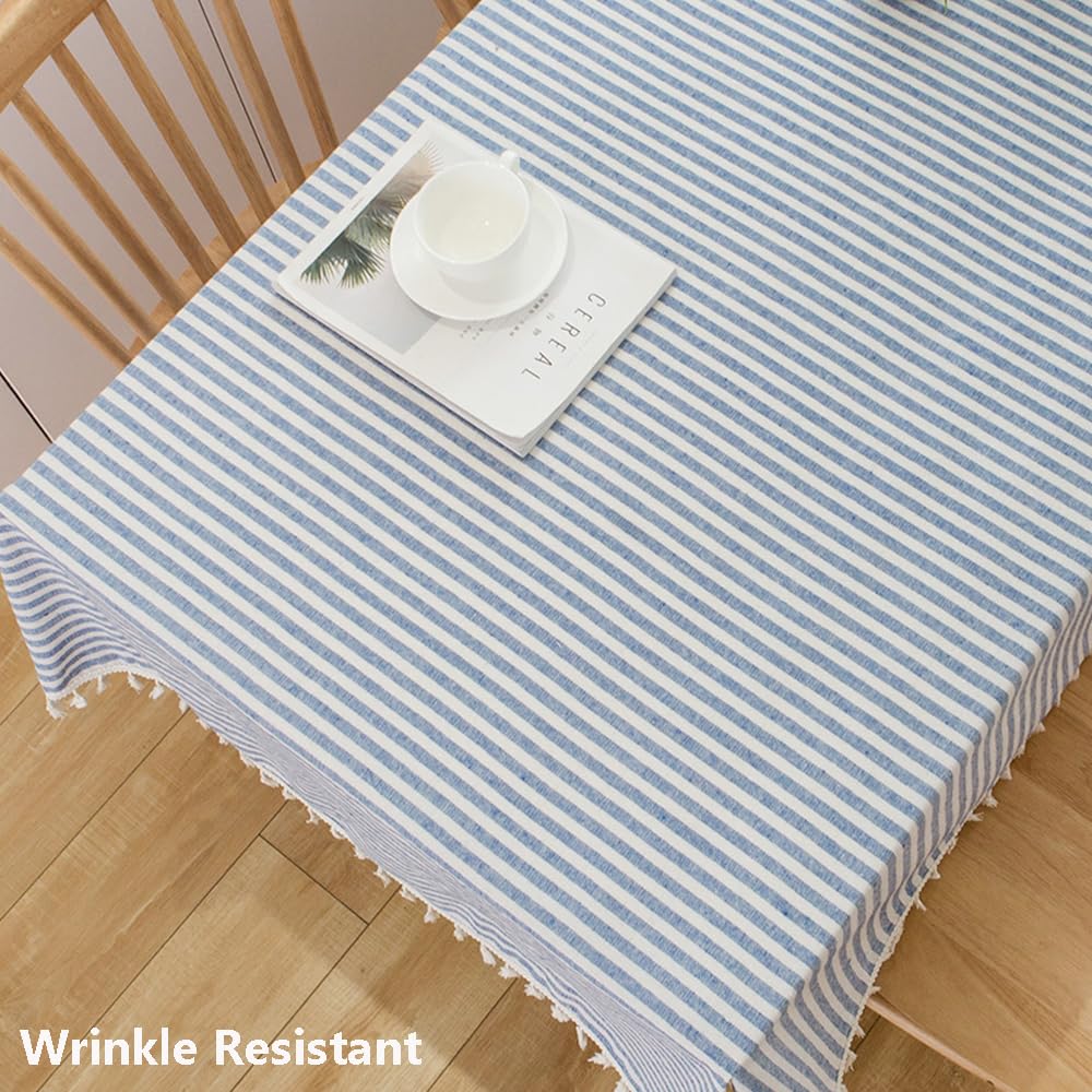 Premium Cotton Tablecloth - Blue and White Striped Rectangle Table Cover 102