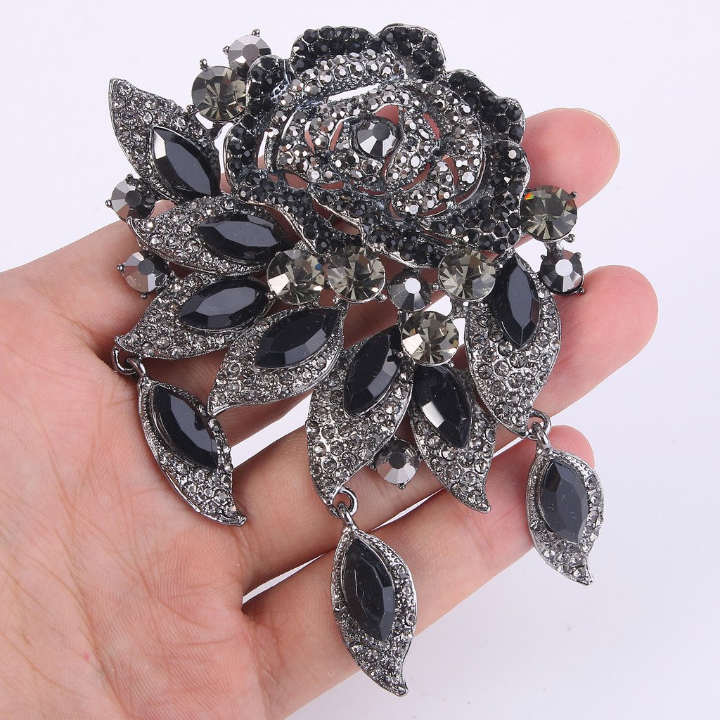 EVER FAITH Rose Flower Leaf Brooch Pendant - Austrian Crystal Jewelry for Women, Elegant Pin for Blouse, Scarf, Jacket, Wedding, Prom & Special Occasions