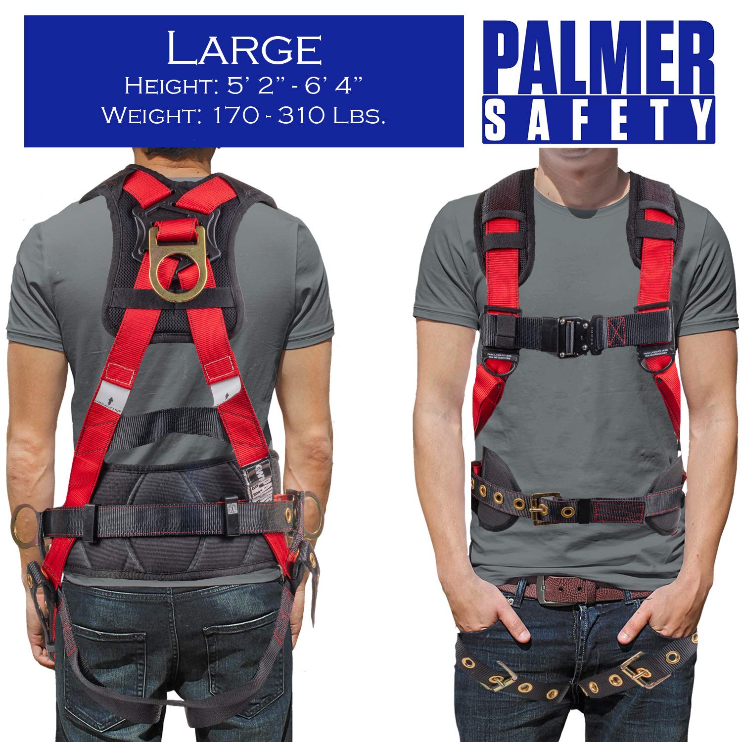 Palmer Safety Fall Protection Hammerhead Kit - 5 Point Safety Harness, 6ft Double Leg Lanyard, 18 Inch D-Ring Extender (Red, Large) | OSHA Compliant Construction Work Gear for Roofing, Window Cleaning & Industrial Safety