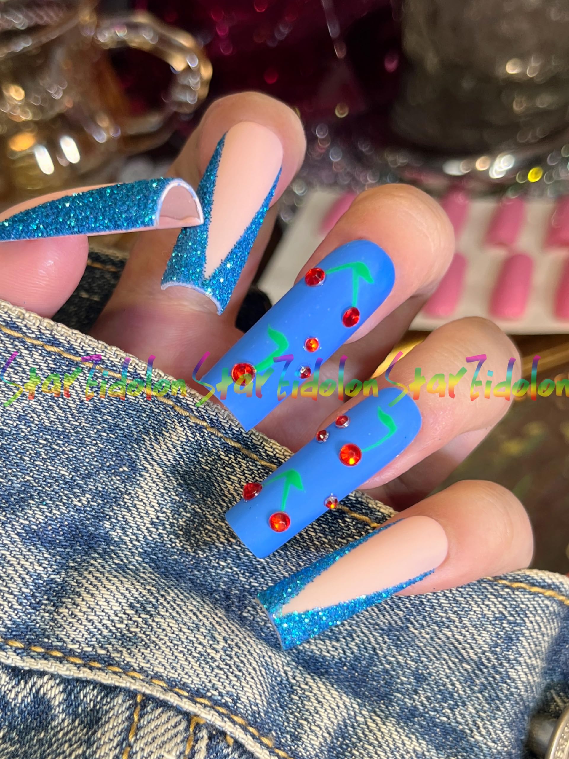 Hand-Painted Blue Square Press-On Nails - Short French Tips & Coffin Fake Nails Kit with Glue | Salon Quality Handmade Medium Press-On Nails for Women | Unique Jelly Nail Art Set | Perfect for Parties, Weddings & Everyday Wear (Custom Style 33)