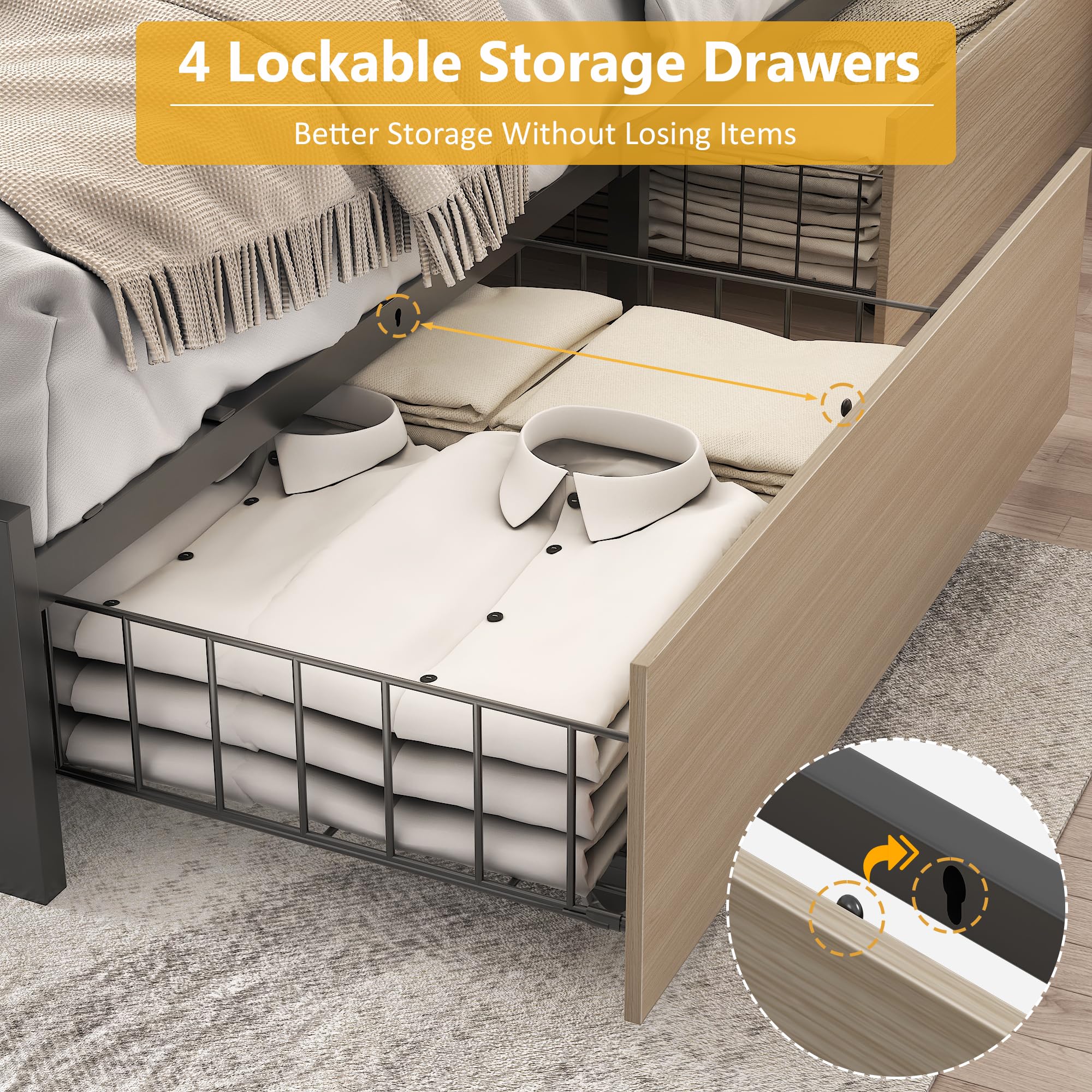 Full Bed Frame with Storage Headboard & Drawers, LED & Charging Station - Perfect for Small Bedrooms