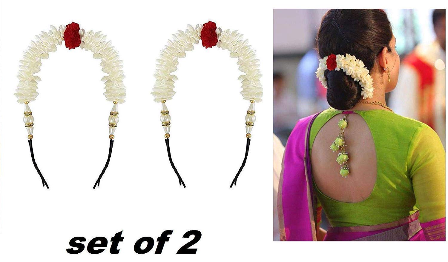 DEXO 2-Piece Artificial Garland Flower Hair Pins & Juda Gajra Set - Hair Bun Accessories for Women & Girls - Red/White - Perfect for Weddings, Parties & Festive Occasions