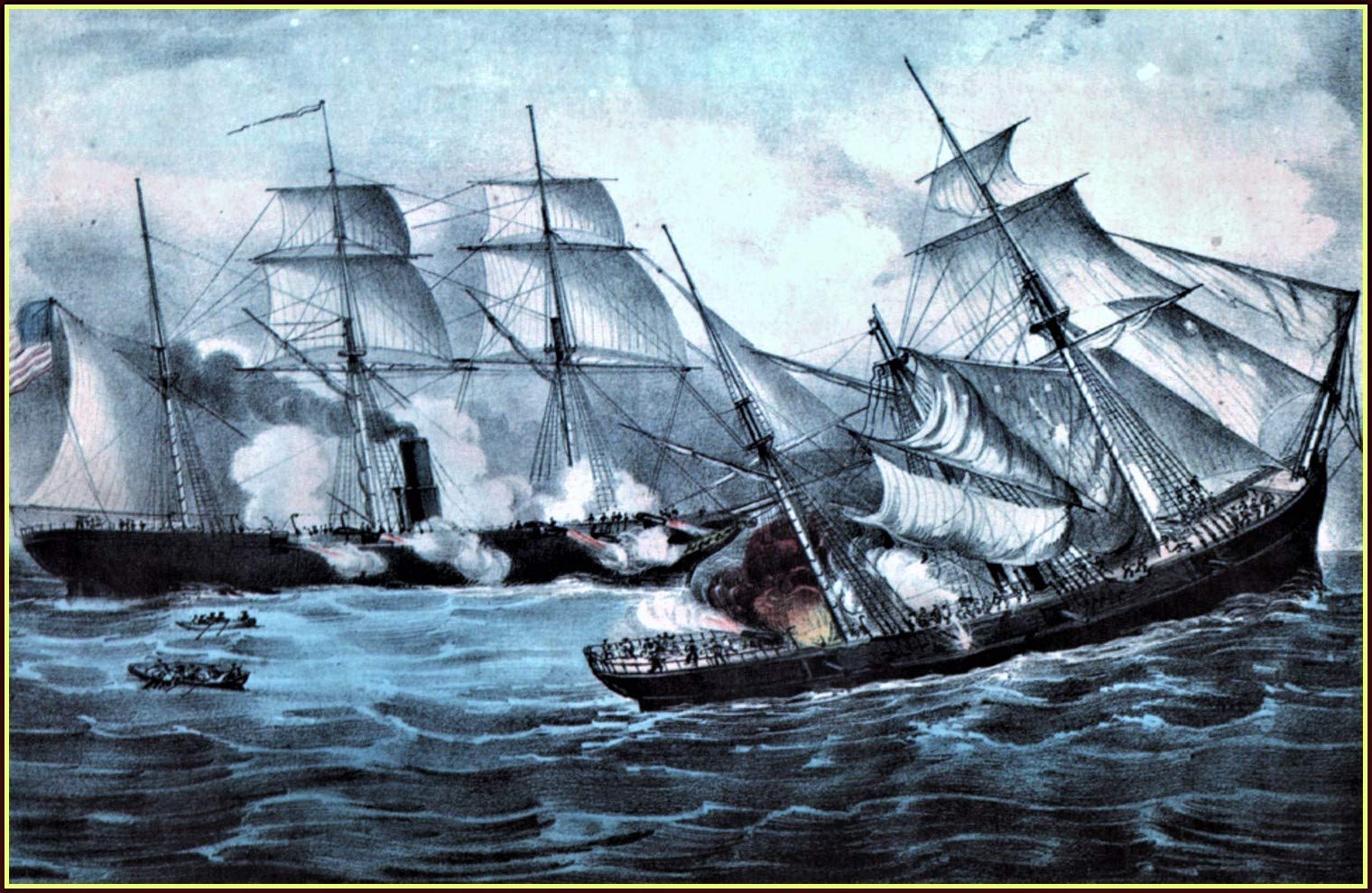 Vintage Nathaniel Currier & James Merritt Ives Art Print - U.S. Sloop of War Kearsarge Sinking Pirate Alabama - 12x15 Inches Framed American Maritime Painting - Perfect for Home Decor, Office Wall Art & History Enthusiasts