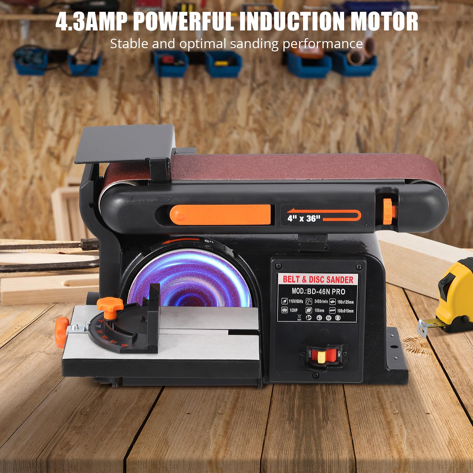 1/2HP Belt Sander for Woodworking - 4x36 Inch Sanding Belt & 6-Inch Disc - Heavy Duty Cast Iron Base with Bench Mount | Perfect for Furniture Refinishing, DIY Projects & Professional Wood Shops