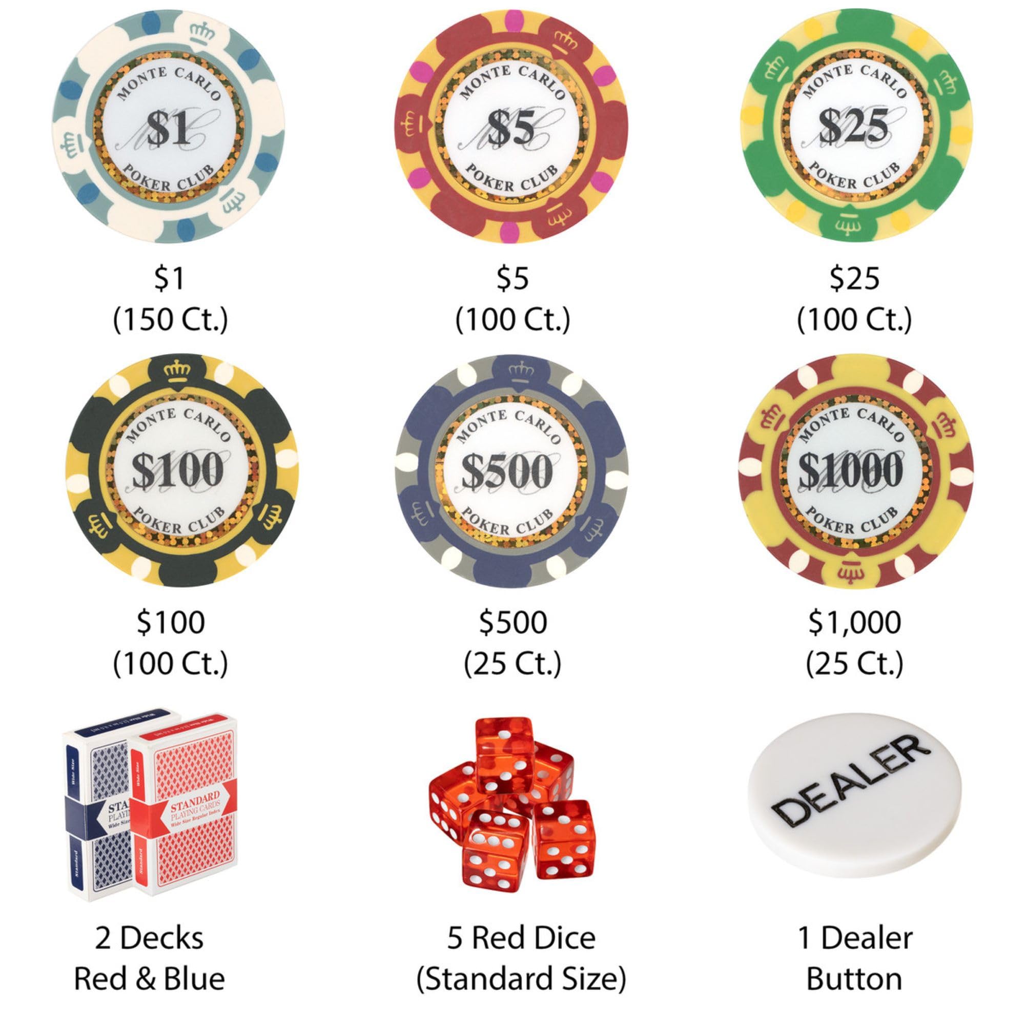 Brybelly 14 Gram 500 Count Poker Chips Set - Monte Carlo Style 14G Clay Composite Casino Chips with Aluminum Case, Playing Cards & Dealer Button - Perfect for Texas Hold'em, Blackjack, Home Poker Nights & Casino Party Games