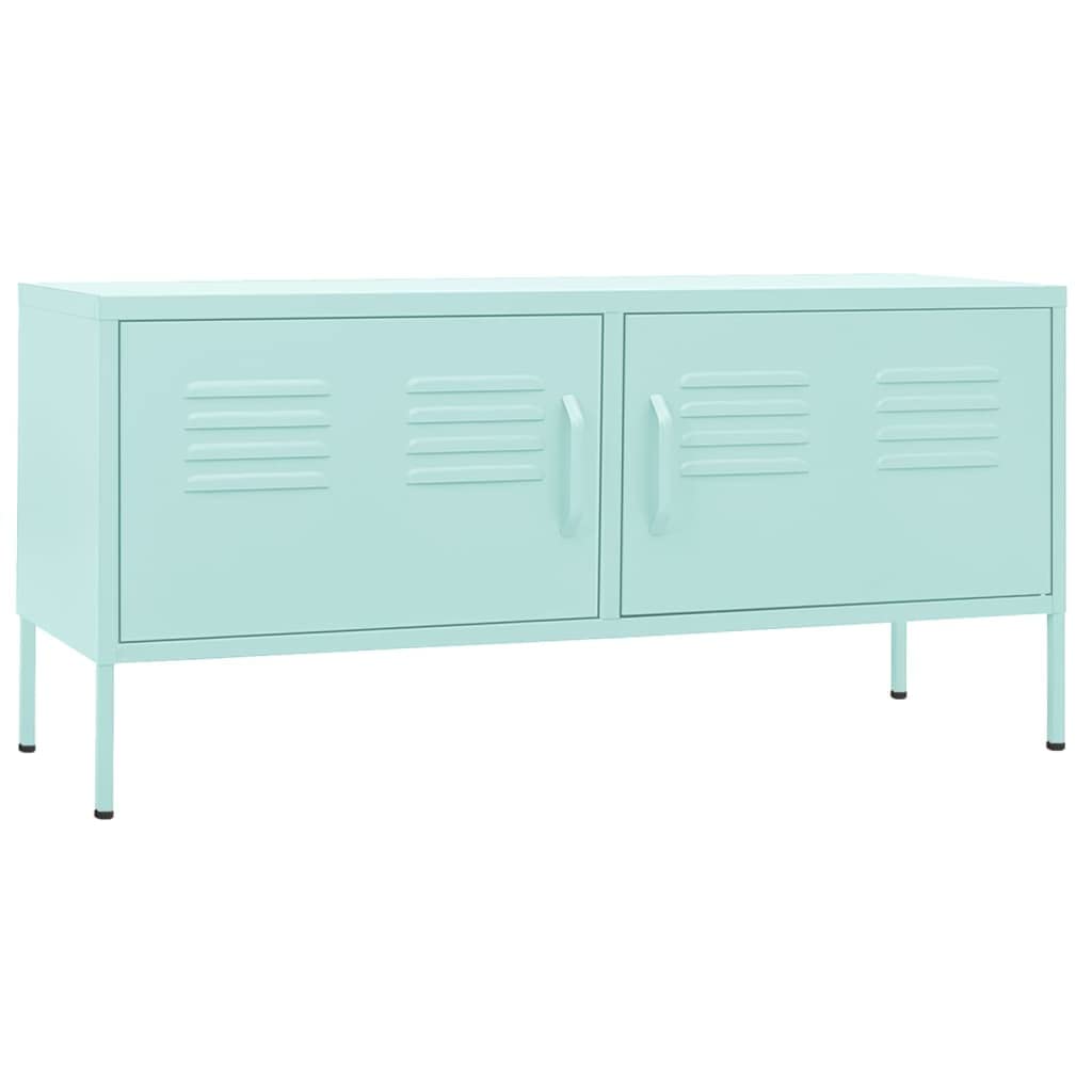 Industrial Style TV Stand with 2-Door Cabinet & Shelf - Green Mint Steel Finish - Adjustable Levelers & Cable Management - Perfect for Living Room, Home Theater & Entertainment Centers