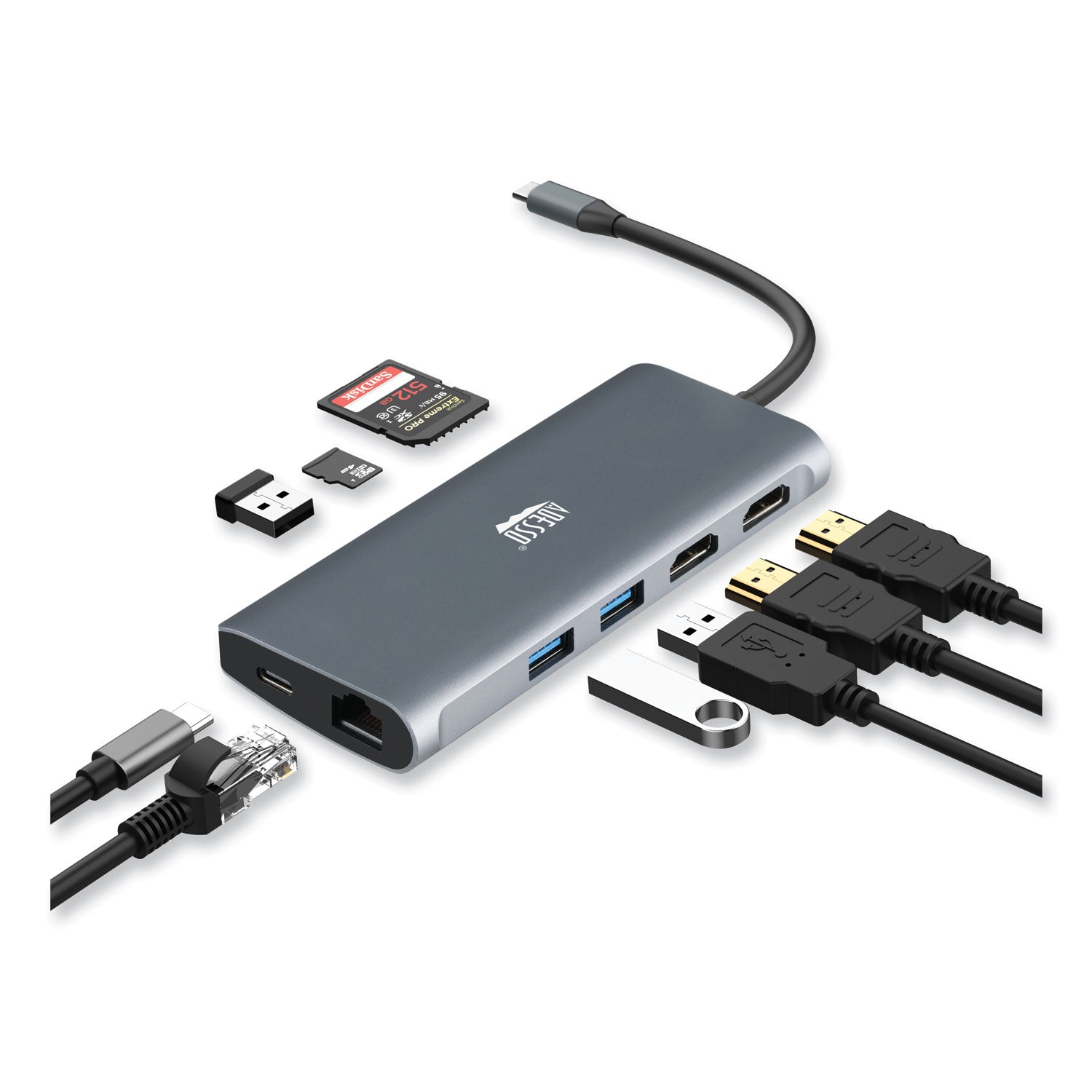 Adesso 9-in-1 USB C Hub with Dual HDMI, 3 USB-C Ports, SD/TF Card Reader & Ethernet - Space Gray for MacBook Pro/Air, Dell XPS, iPad Pro (Work from Home & Office Setup)