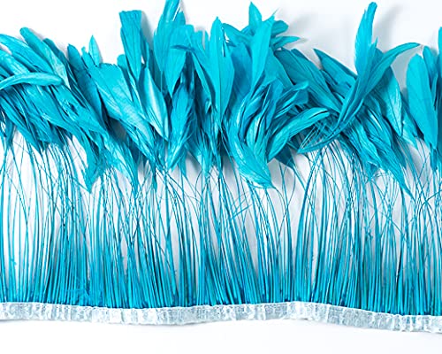 8-10 Inch Stripped Coque Feather Trim on Satin Bias Tape - 1 Yard Aqua H12 Eyelash Feathers for Costume, Fashion Accessories & DIY Crafts