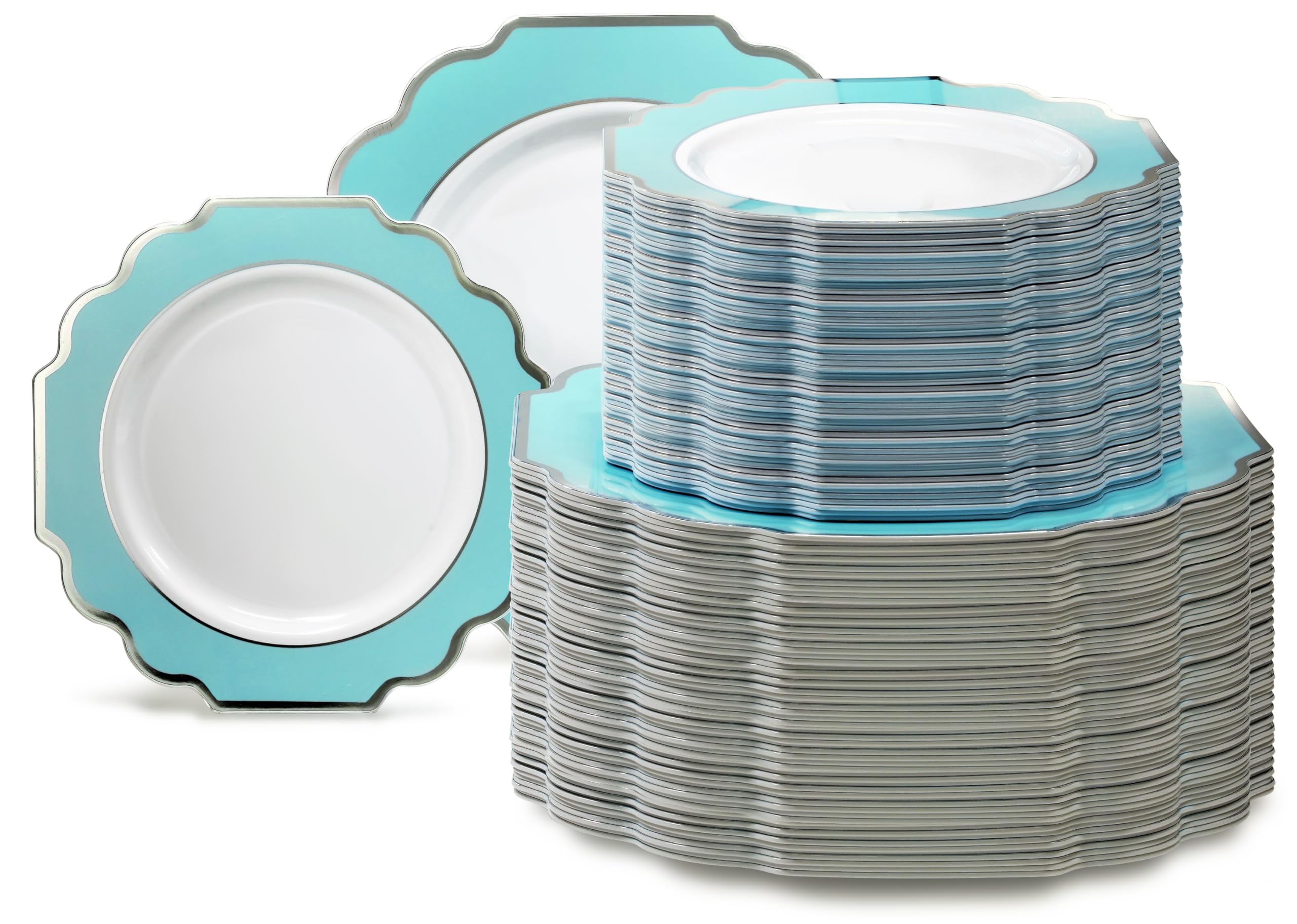240-Pack Heavyweight Disposable Plastic Plates for Weddings & Parties - 120x10.5'' Dinner Plates + 120x8'' Appetizer Plates in Imperial Aqua & Silver | Perfect for Large Gatherings, Catering Events & Special Occasions