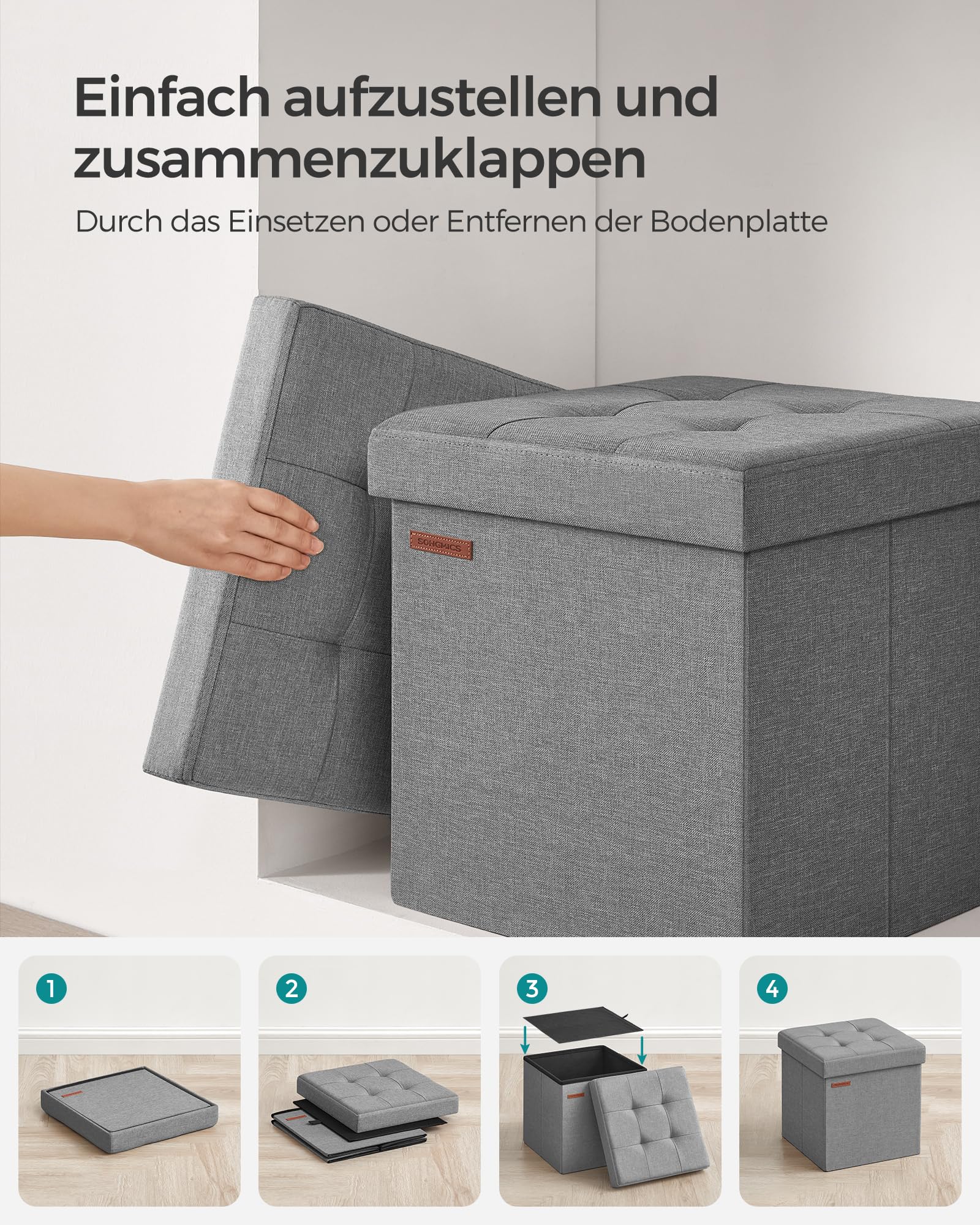 SONGMICS 38cm Foldable Storage Ottoman Bench with Hidden Compartment, Multi-Purpose Footrest Stool, Ash Gray LSF027G12 - Perfect for Living Room, Bedroom & Entryway Organization