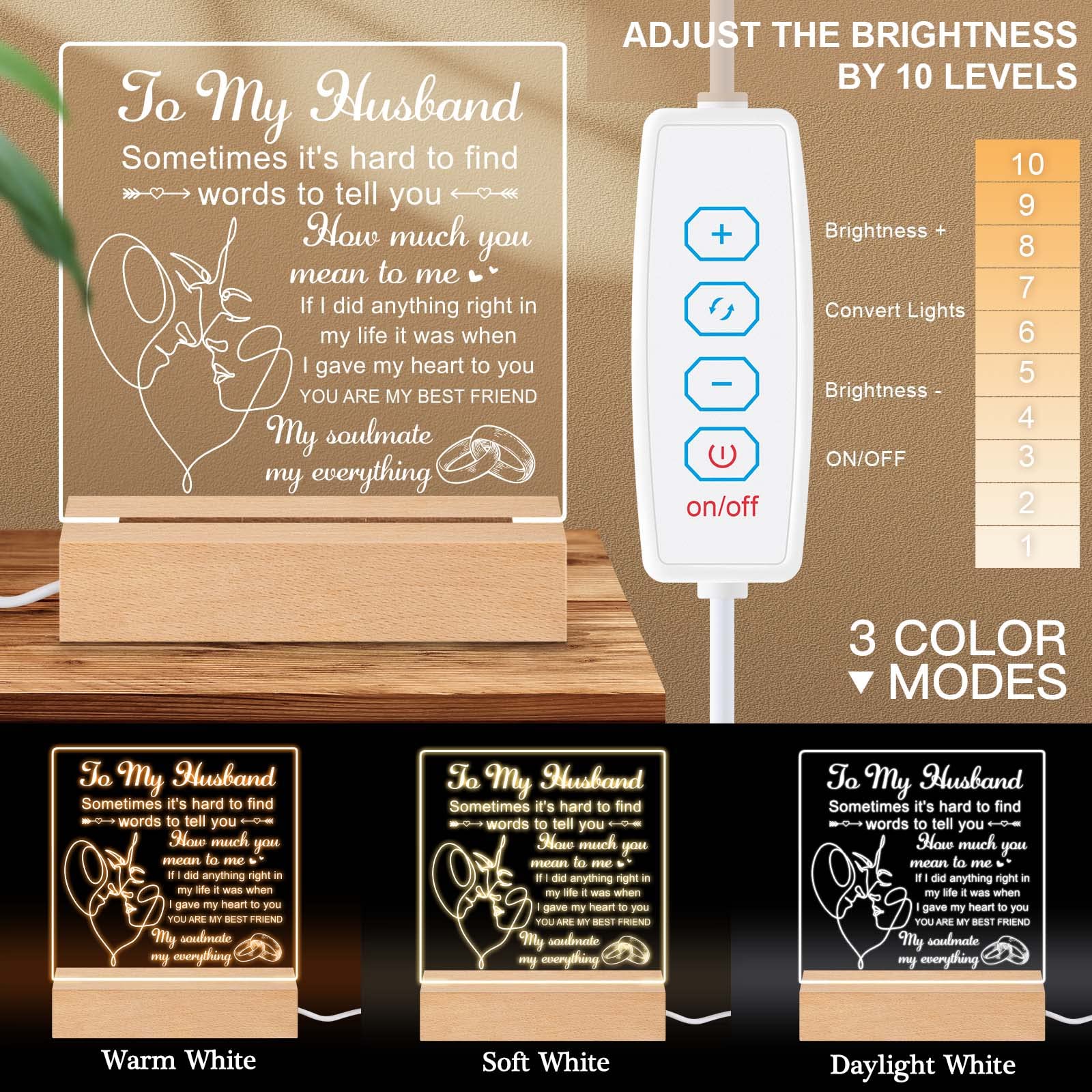 **Personalized Engraved Night Light for Husband - Wooden Base Bedside Lamp - Unique Birthday, Anniversary & Wedding Gift for Him - Perfect for Bedroom Decor & Romantic Surprises**